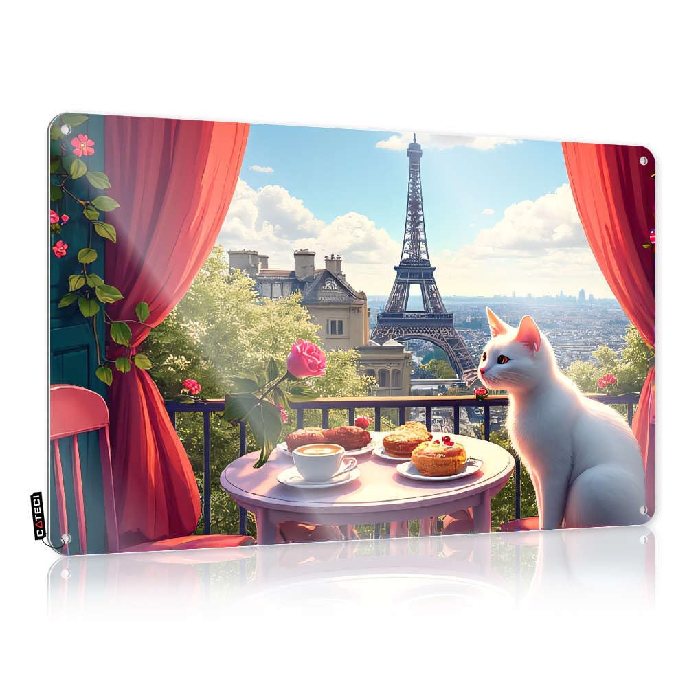 Vintage Accessories Tin Metal Decor | A Cat Enjoys A Cozy Breakfast With A View Of The Eiffel Tower. Grunge Decorative Wall Art Ready To Hang For Barn(30X40CM)