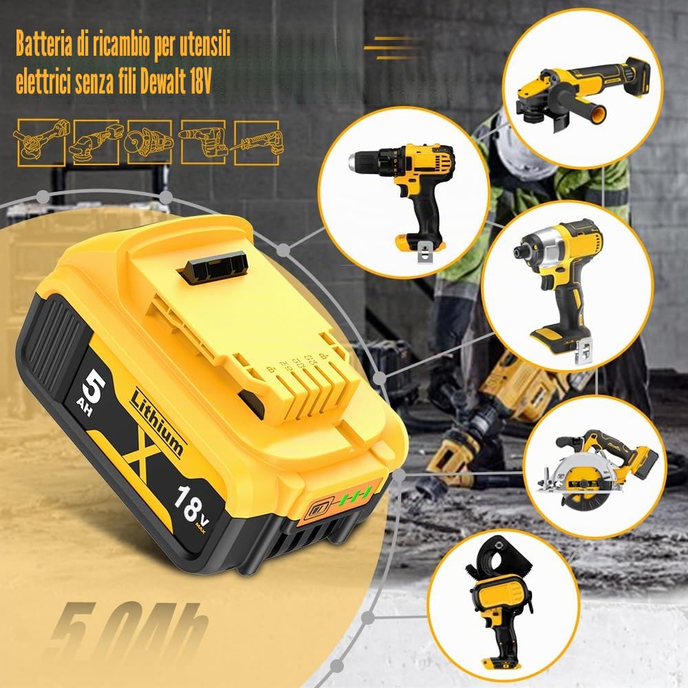 2 pezzi 5000mAh DCB182 batteria di ricambio per Dewalt 18V, 5 Ah di ricambio per batterie Dewalt DCB200 DCB184 DCB101 DCB107 DCB112 DCB105 DCB115 DCB203 con LED per utensili