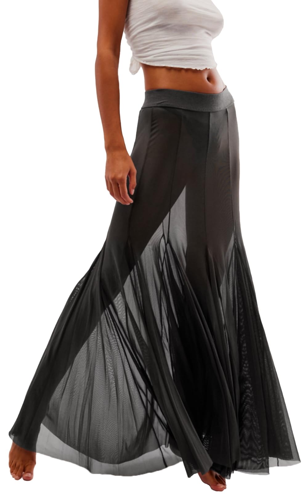 Womens Maxi Skirts Mesh Pleated 2025 Summer Trendy Sexy Club Sheer Boho Beach Cover Up Flowy Long Tulle Skirt