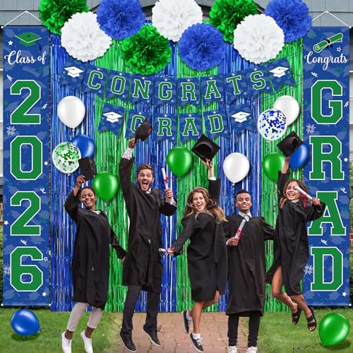 Image of Graduation Party Decorations Class of 2026, Graduation Decorations with Congrats Grad Banner Fringe Foil Curtain Paper Flower Ball Balloons for High School College Grad Party Supplies, Blue Green