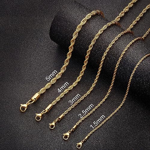 Monily 24k Gold Plated Rope Chain 1.5mm 2.5mm 5mm Stainless Steel Twist Chain Necklace for Men Women - Image 5