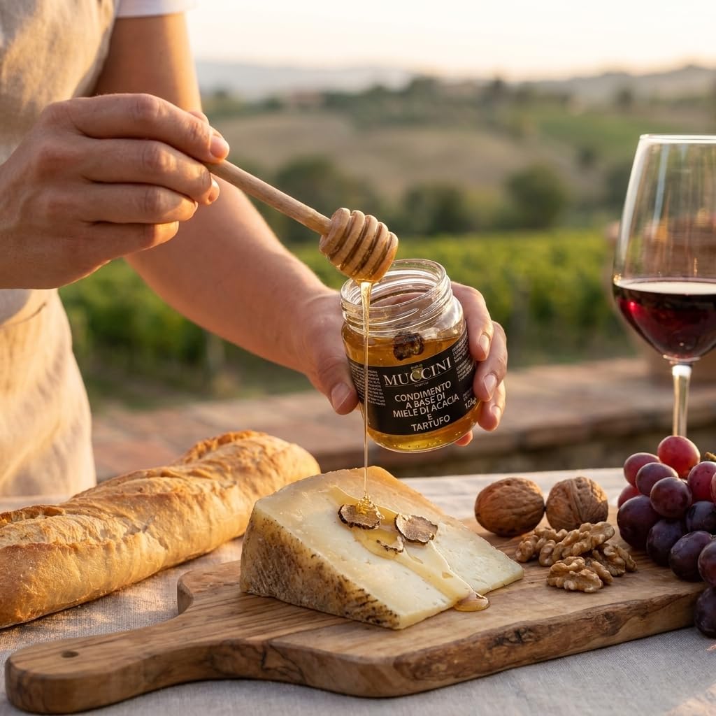 Muccini Miele di Acacia con Fette di Tartufo Bianchetto, Vaso da 90g (Confezione da 6 Vasi)
