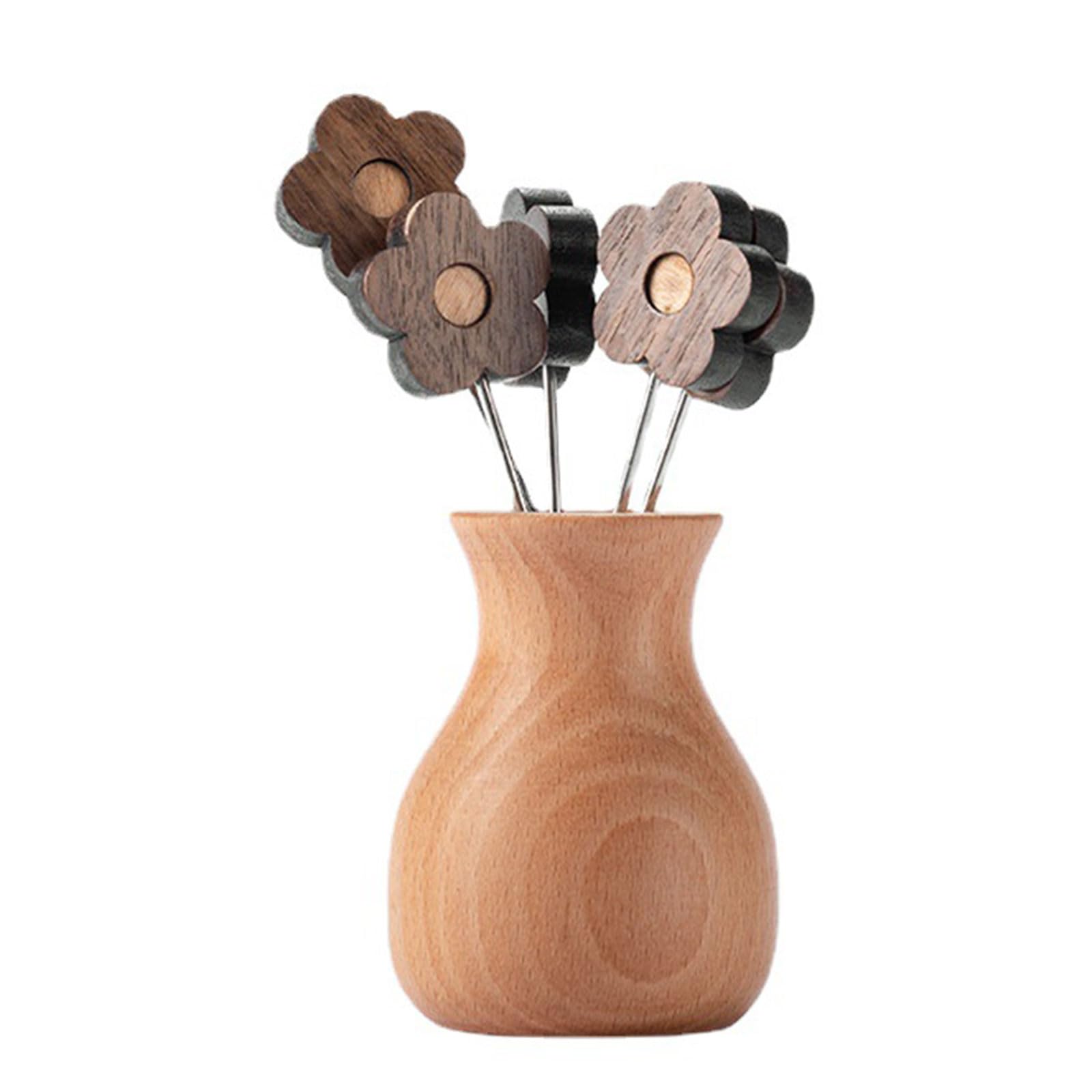 Solid Wood Fruit Forks Cartoon Fruit Signs Wooden Flower Shaped Fruit Forks Set Small Cake Forks for Kitchen Restaurants