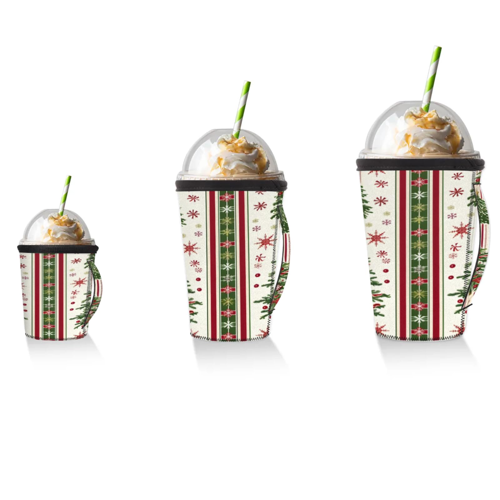 Striped Snowflake Christmas Tree Reusable Neoprene Coffee Sleeve with Handle Insulated Iced Coffee Cup Holder Reduces Condensation Fits 24-28 oz Cups M