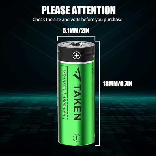 Miniatura 7 de Taken Batería recargable de iones de litio 18500 con cargador, IMR 18500 3.7V 1500mAh batería recargable con botón superior, paquete de 4 baterías