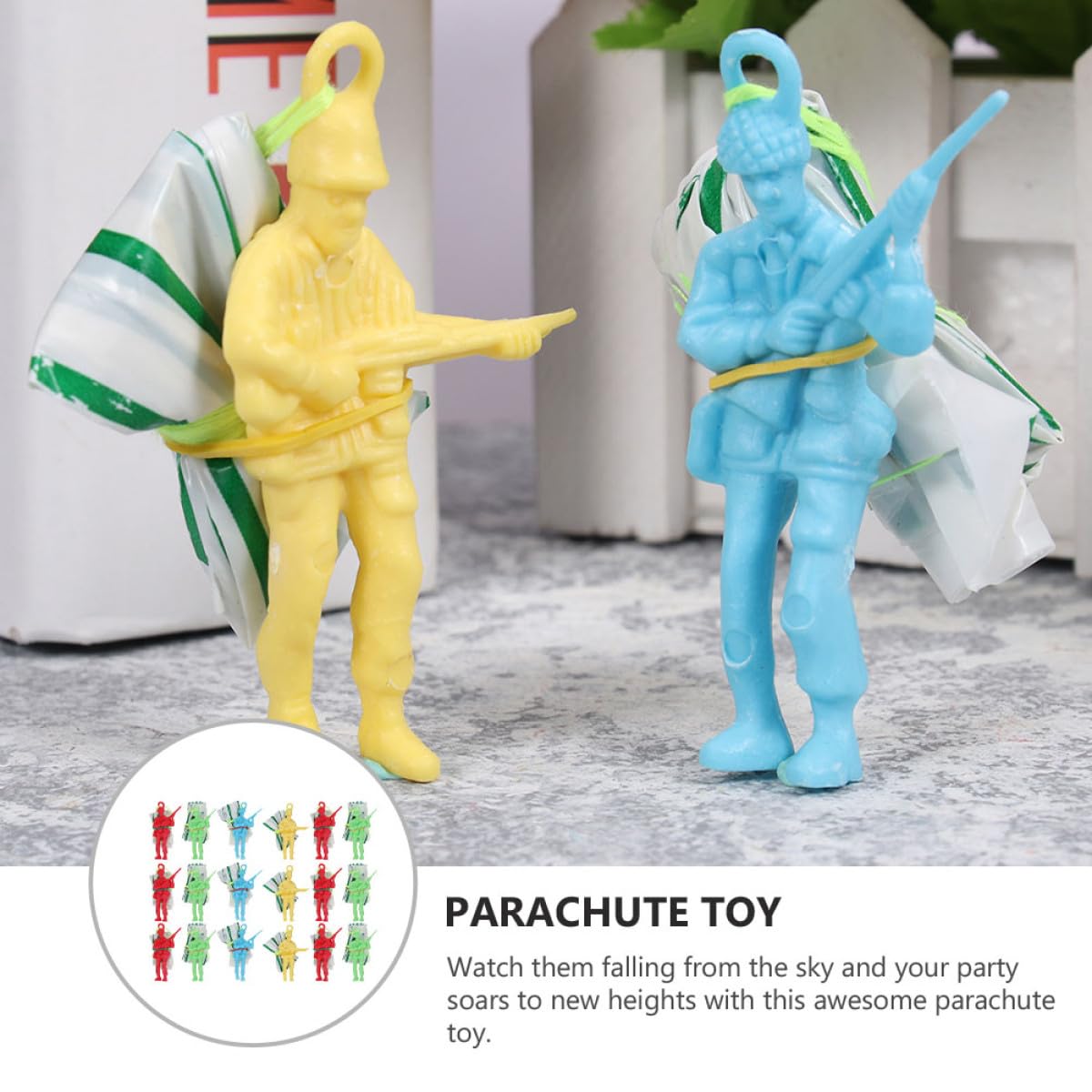 WOONEKY Set de 30 Juguetes de Paracaídas para Niños Figuras de Plástico, sin Montaje, para Uso al Aire Libre en Viajes y Diversión Garantizada