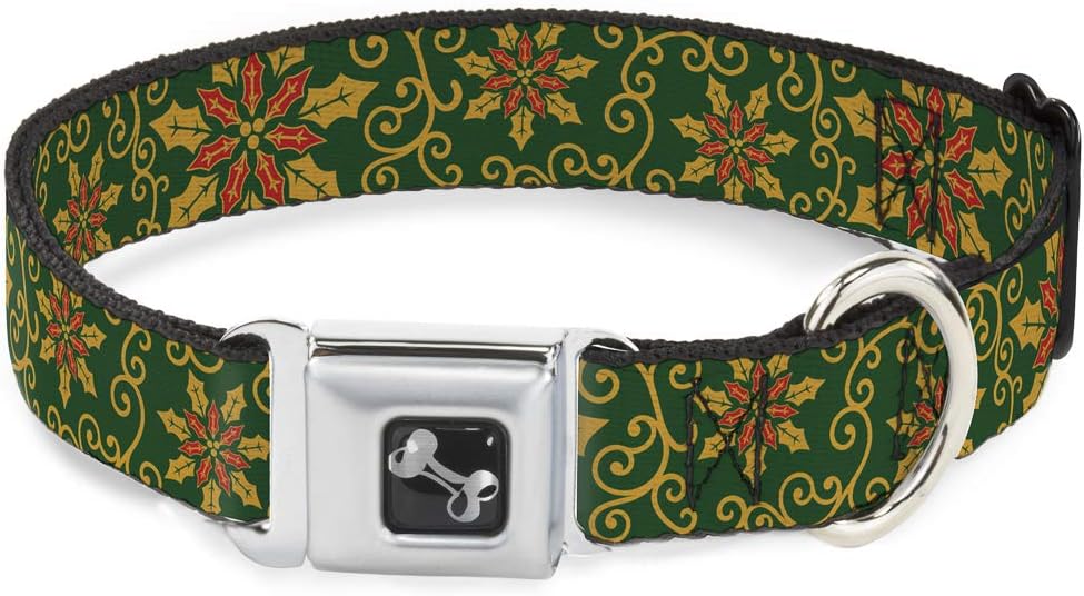 Buckle-Down Holiday Holly Green/Gold/Red Dog Collar Bone, Large/15-26"