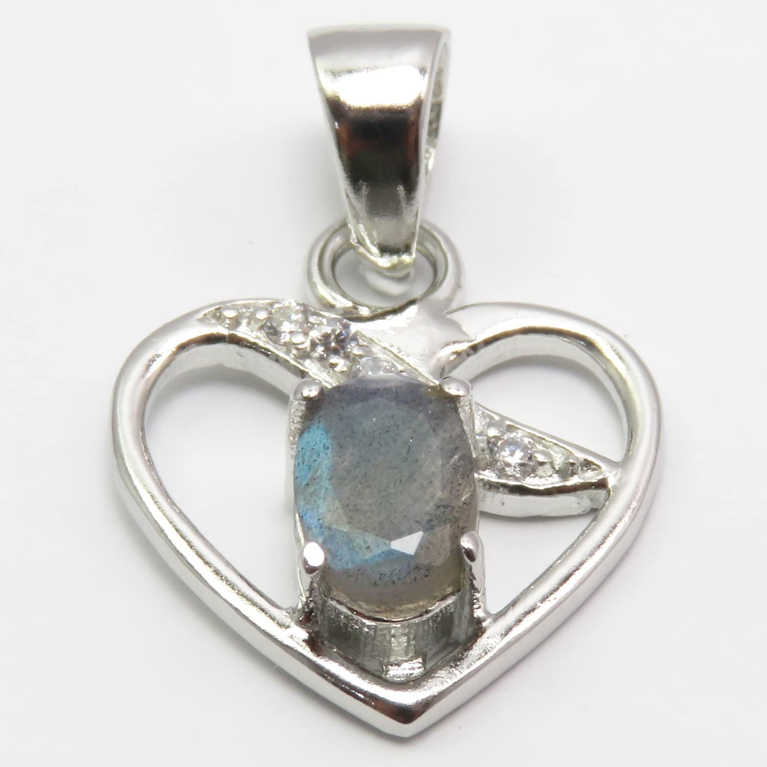 925 Solid Silver Real Oval Labradorite Personal Style Heart Pendant 0.9" New Gemstone