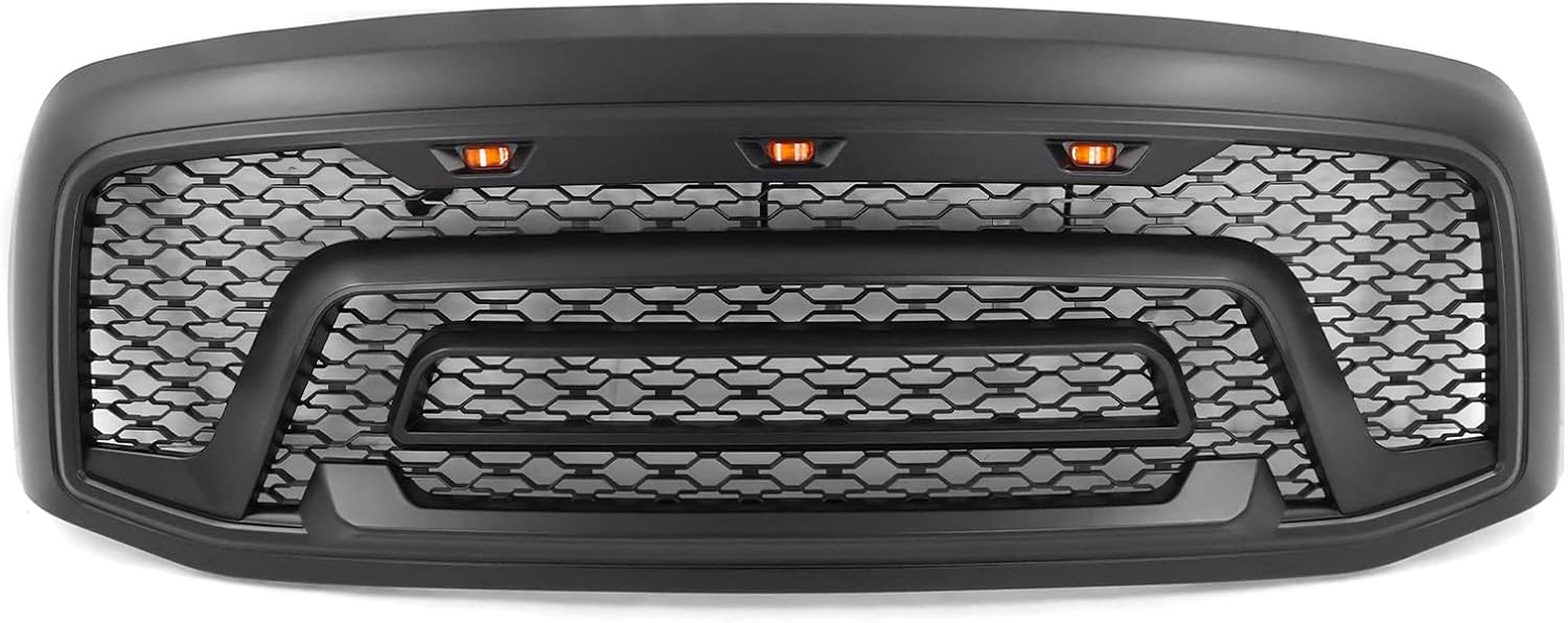 IKON MOTORSPORTS, Grille Compatible With 2006-2008 Dodge Ram 1500; 2006-2009 Ram 2500 3500, Matte Black ABS Mesh Front Bumper Hood Upper Grill Guard with Signal Lights