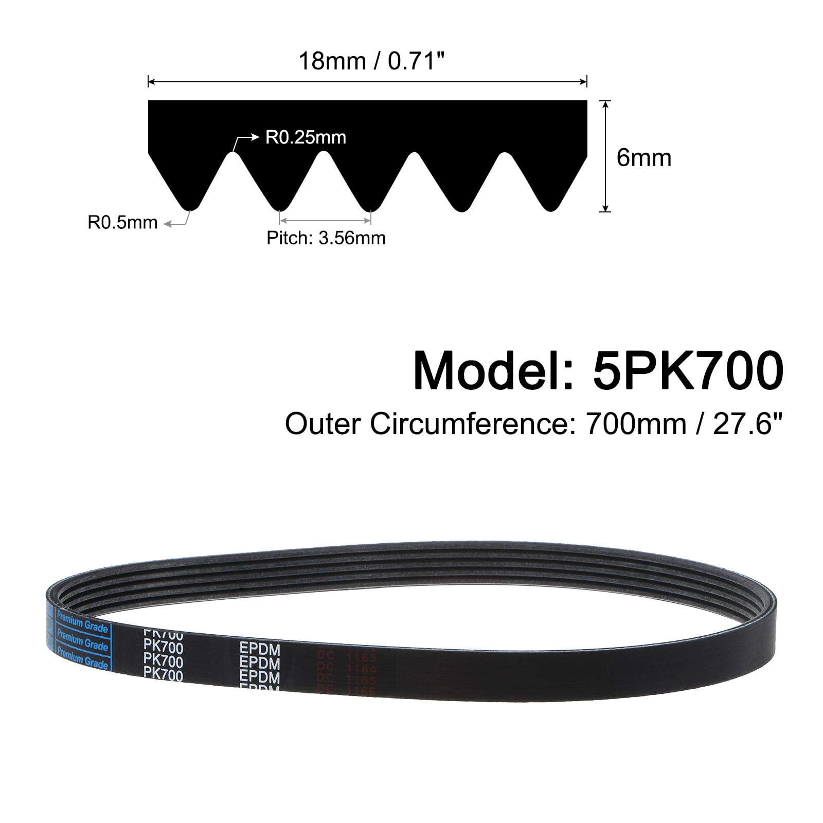 sourcing map Courroie Striée 5PK700 5 Nervures 700mm de Longueur x 18mm de Largeur x 5mm D'Épaisseur, Courroie Poly V en EPDM, Courroie de Transmission Industrielle Serpentine