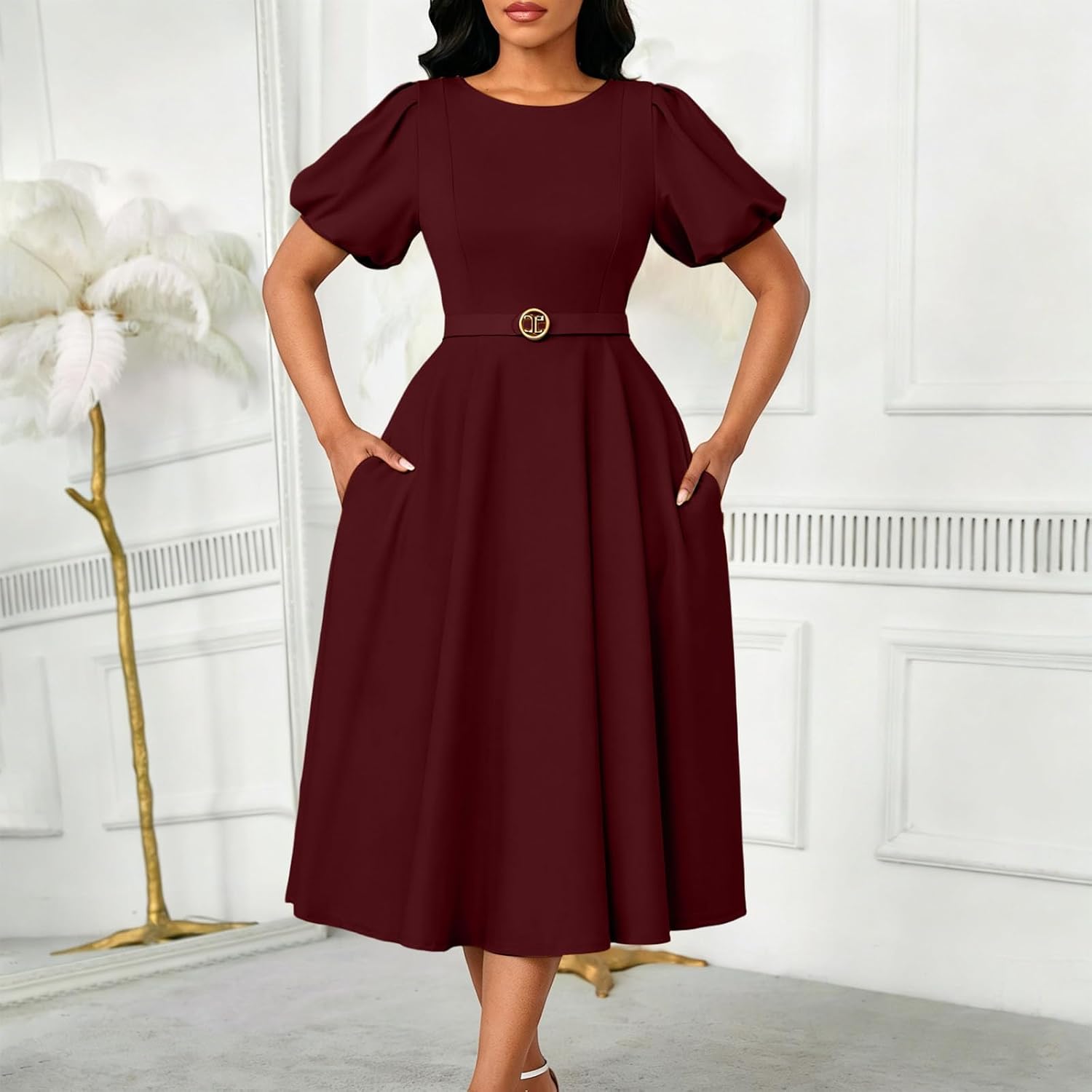 Womens Summer Dress Casual Midi Dresses Short Puff Sleeve Flare Dress Semi Formal Pleated Flowy Sundress with Pocket