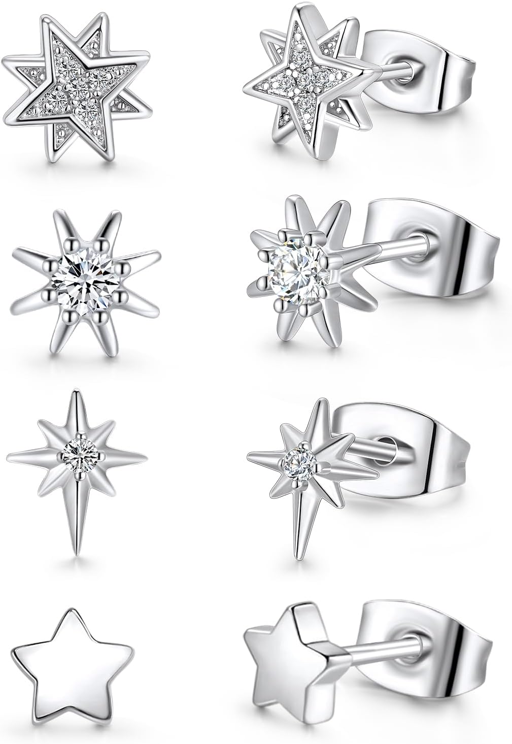 4 Pairs White Gold Star Stud Earrings for Women Hypoallergenic Silver Celestial Sun and Moon Crescent Earrings Set for Sensitive Ears
