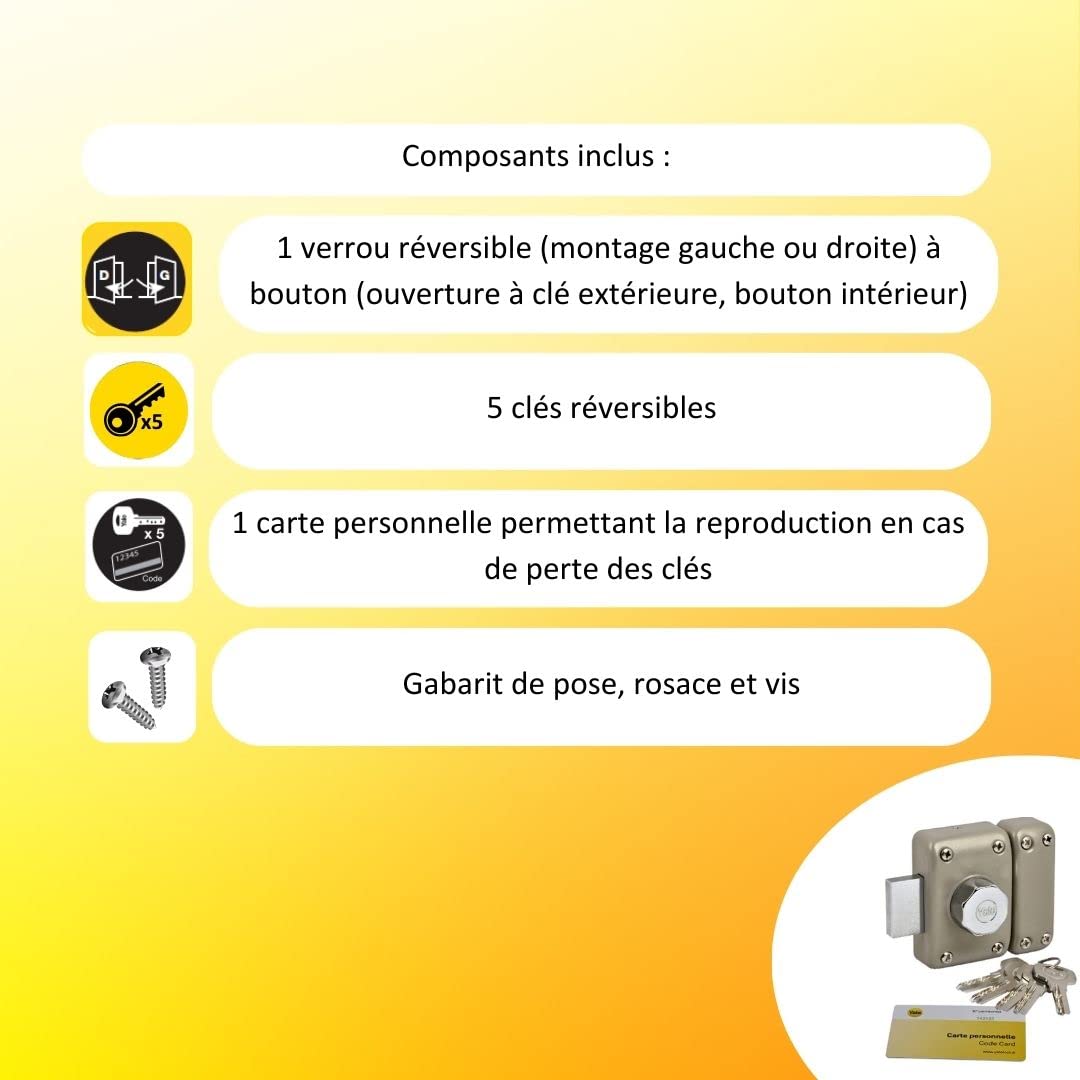 Yale Verrou de Porte Bouton - Ouverture à Bouton Intérieur, Clé extérieur - Cylindre diamètre 23 mm, Longueur 40 mm, 6 goupilles - YV26BT-40 - Anti crochetage, perçage, arrachement - 5 clés