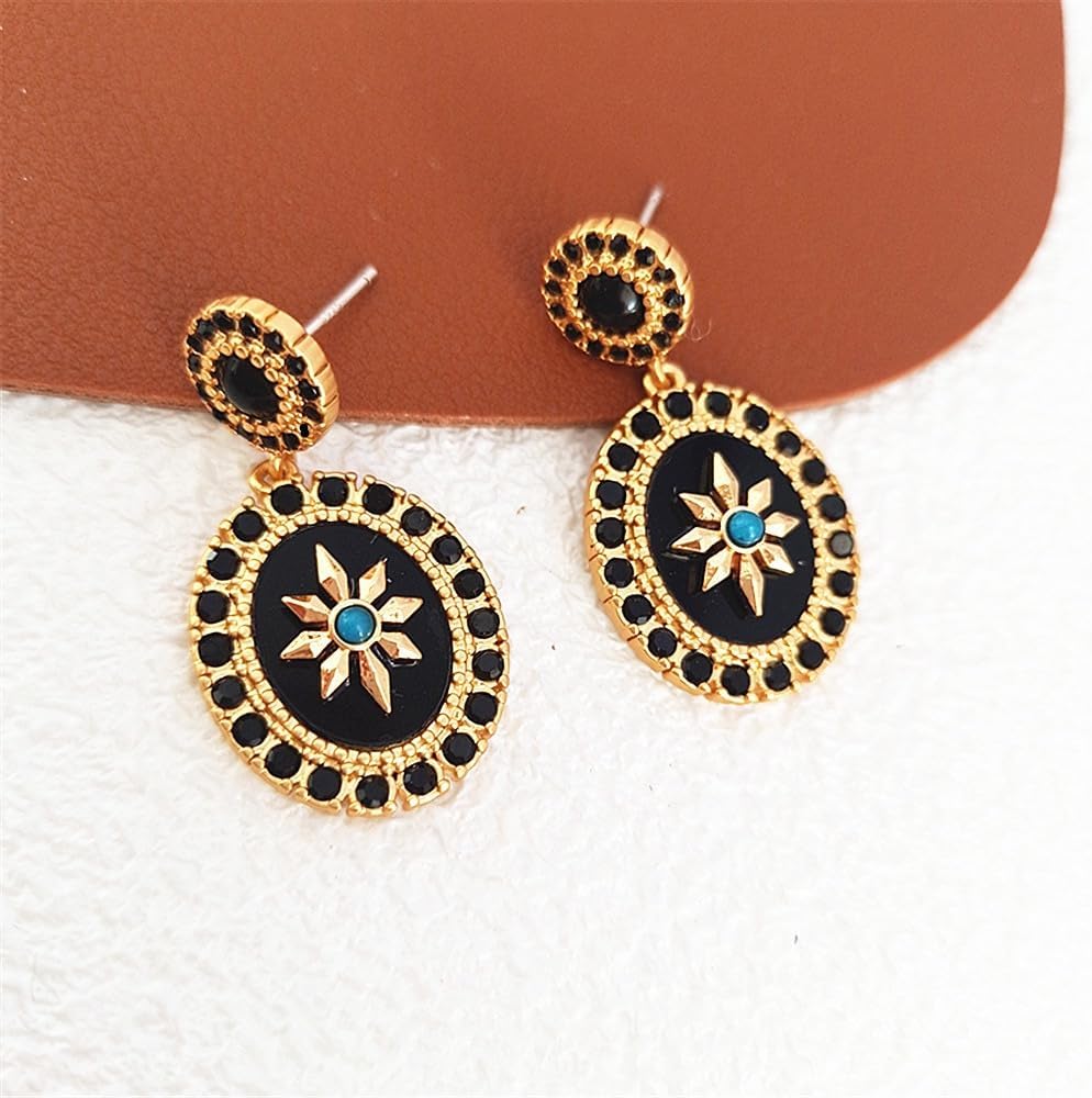 ZIRPEARA Exquisite Women's Gold Plated Octagram Drop Earrings with Black Cubic Zirconias and Green Turquoise Stones - Vintage Style Statement Jewelry - Image 2