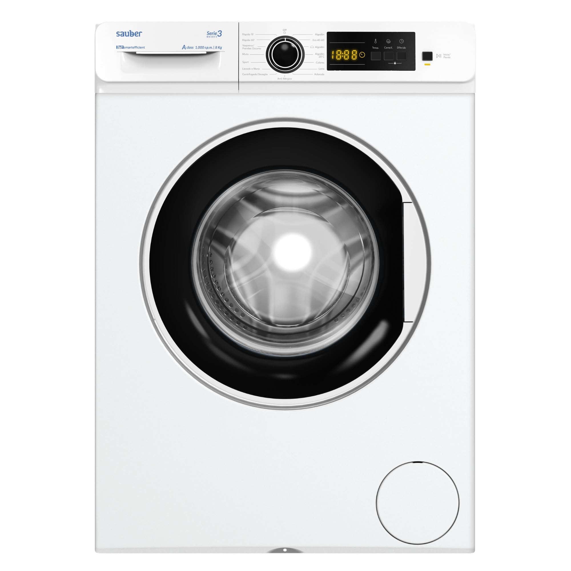 Sauber, Lavadora 8 Kg de carga frontal SERIE 3-W8105V, 1000 RPM, A, Programa Extra Rápido 15 minutos, 15 Programas, Detección de carga, Bajo Consumo, Color Blanco, CON INSTALACIÓN Y RETIRADA USADA