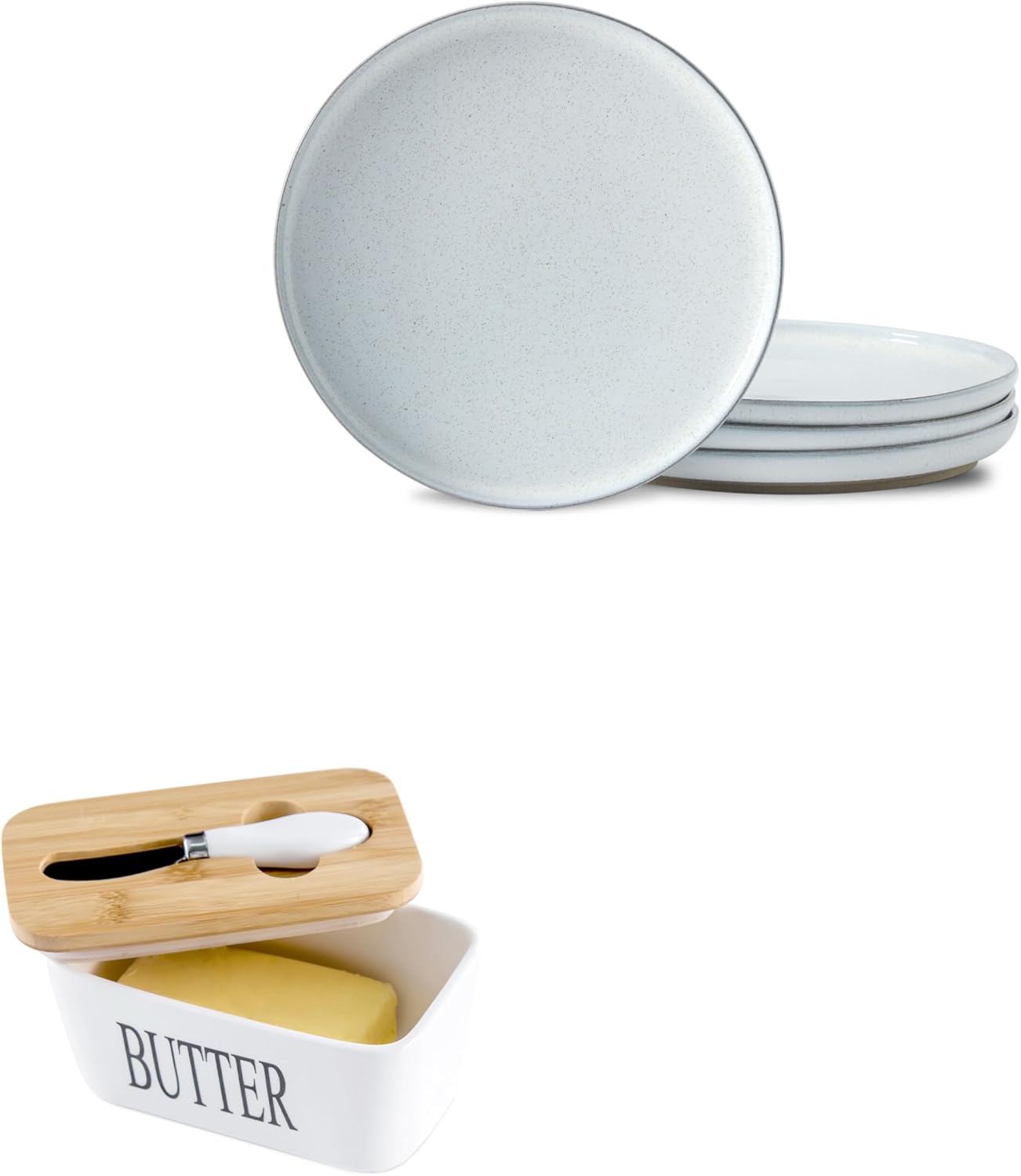 Hasense Ceramic White Dinner Plates Set of 4 and White Butter Dish Bundle