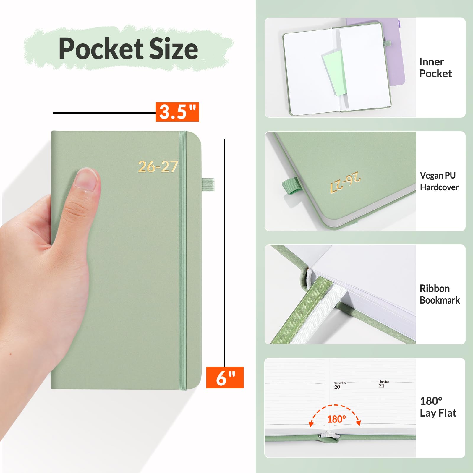 SUNEE Agenda settimanale tascabile 2025-2026 per borsa, 8,9 x 15,2 cm, 12 mesi (luglio 2025 - giugno 2026), calendario dell'anno accademico, agenda tascabile, copertina rigida, note, carta da 100 g/m²