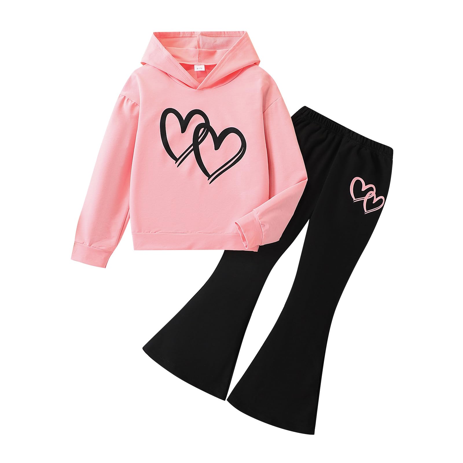 6-13 Years Girls Clothing Heart Print Hoodie Top + Heart Print Flare Leg Pants 2PC Clothing Set