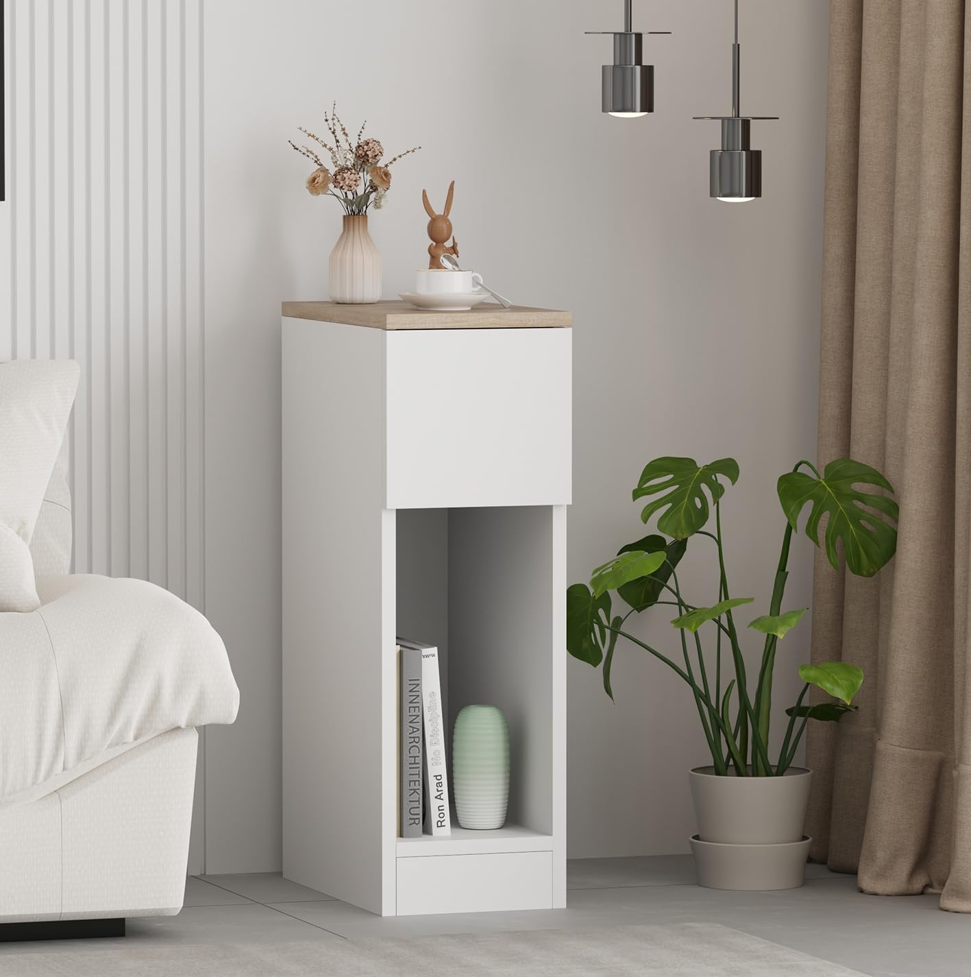 – Pantanal Bedroom Narrow Bedside Table Compact Slim Nightstand Cabinet with Storage Drawer Shelf, Living Room Wood Sofa Side Table Small Corner Space (white#4)