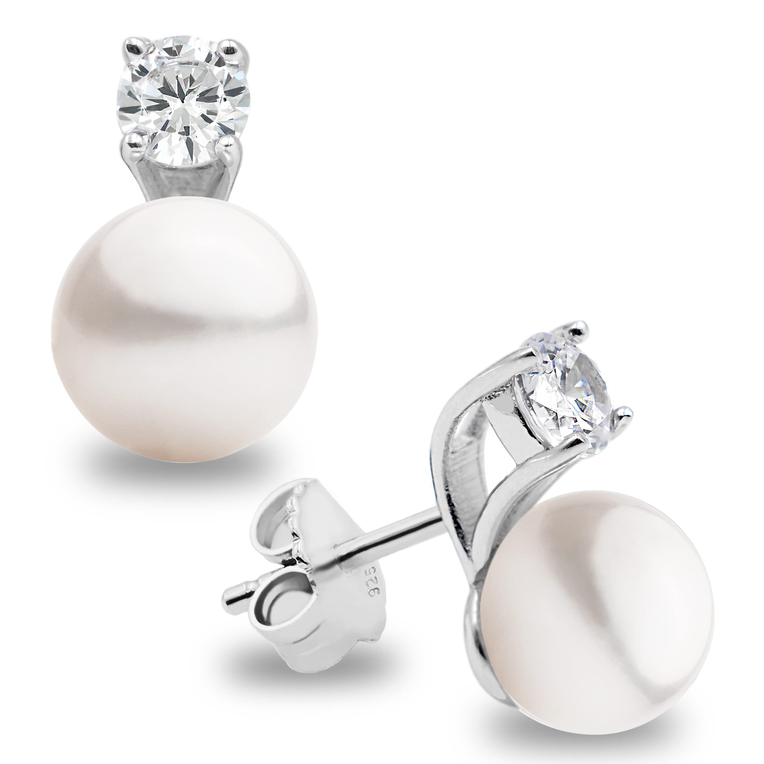 Secret & You Pendientes de mujer de perlas cultivadas de agua dulce con circonita SECRET & YOU. Diseño Tú y Yo - Pendientes de Plata de Ley Rodiada de 925 milésimas con tuerca grande.