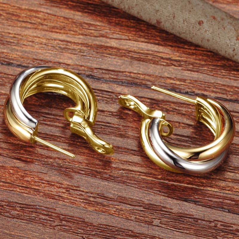 Silver and Gold Triple Hoops Earrings for Women Twist Braided Trendy Two Tone Hoop 18K Chunky Gold Fashion Earrings Gift2
