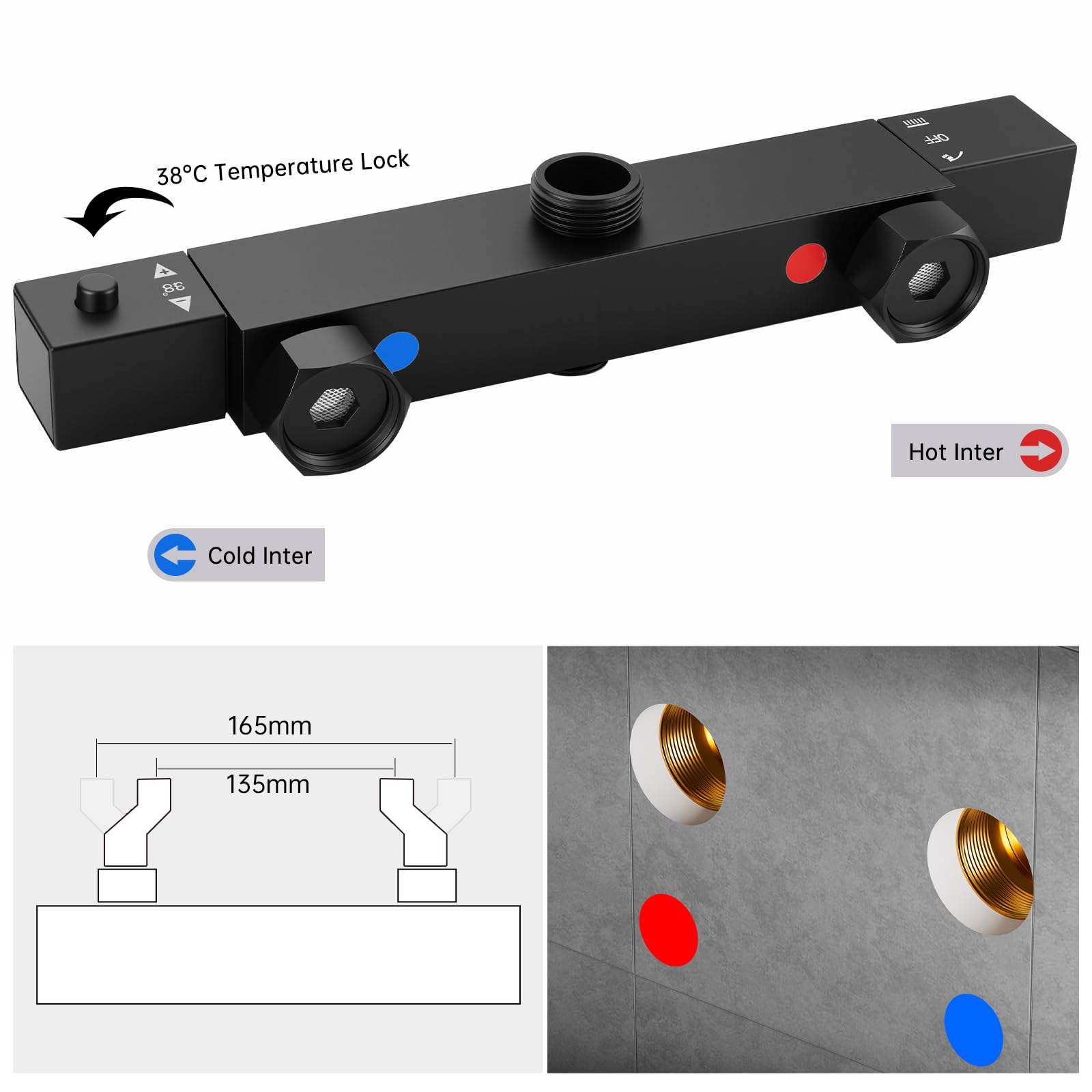 Ronvie Barra termostática de ducha - Válvula de latón montada en pared de dos salidas, cerradura de seguridad de 38 °C y superficie táctil fría con tapa G de 3/4" y conectores BSP de 1/2" G-inferior