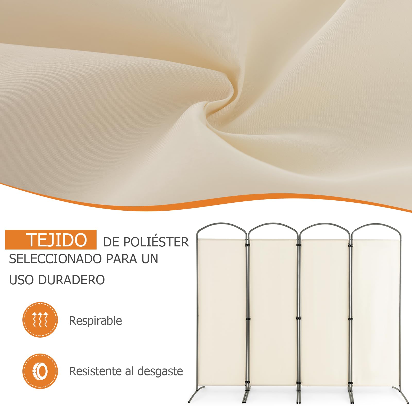 GOPLUS Biombo Separador de Ambientes de 6/4 Paneles, Biombo Plegable para Privacidad con Marco de Metal, Divisor de Habitación Portátil para Salón Dormitorio Oficina (Blanco, 4 Paneles, 221 x 188 CM)
