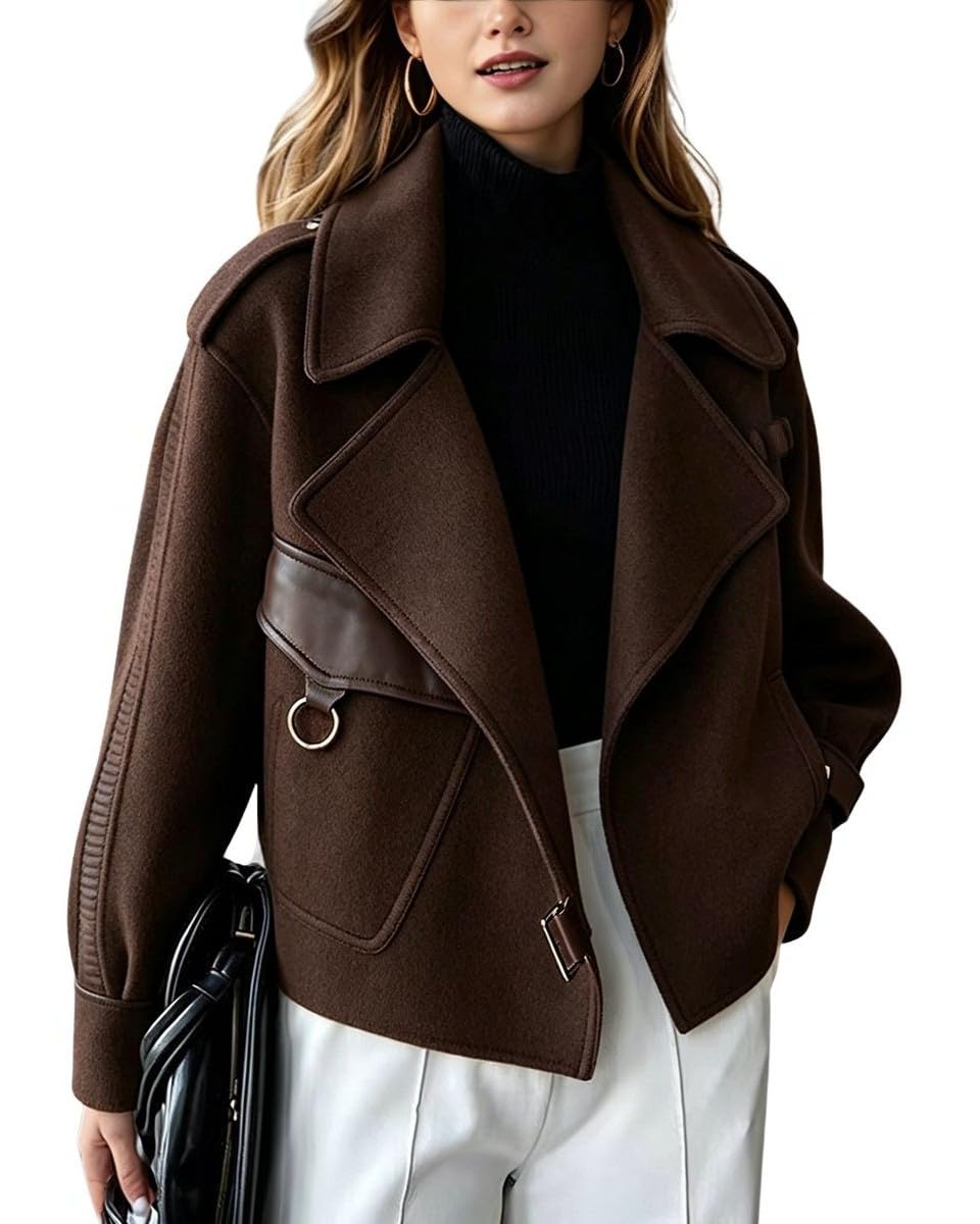 chouyatou Women's Business Casual Wool Coat Suit Top Open Front Loose Dressy Blazer Jacket Trench Coat-picture-55