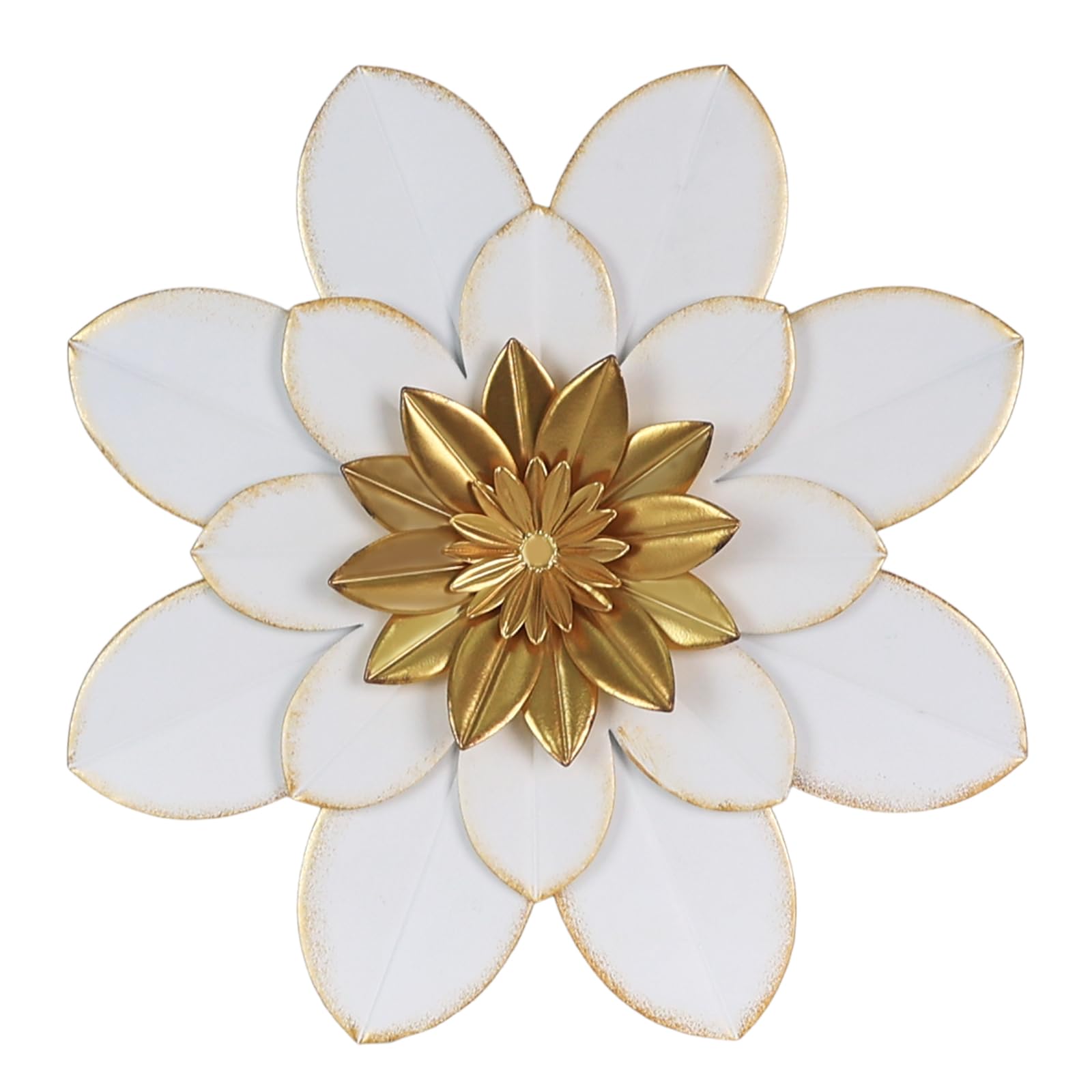 Photo 1 of hogardeck Metal Flower Wall Decor, 16" White Gold Floral Metal Wall Art for Indoor Outdoor, Boho Farmhouse Modern Wall Decor for Bathroom, Living Room, Kitchen, Bedroom, Porch, Garden, Yard
