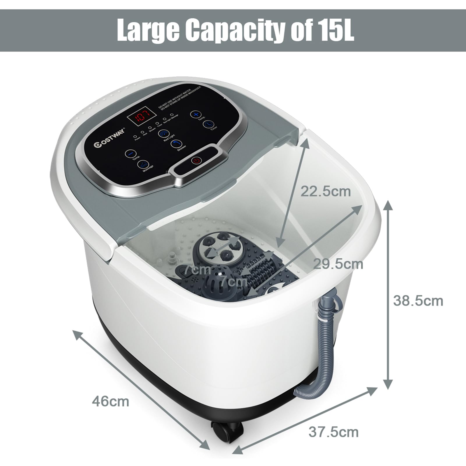 COSTWAY Idromassaggio per Piedi, Pediluvio Massaggiatore Plantare Massaggio Shiatsu, con Funzione Calore Timer e Rulli Luce a Infrarossi, 15L Idromassaggiatore (Grigio)