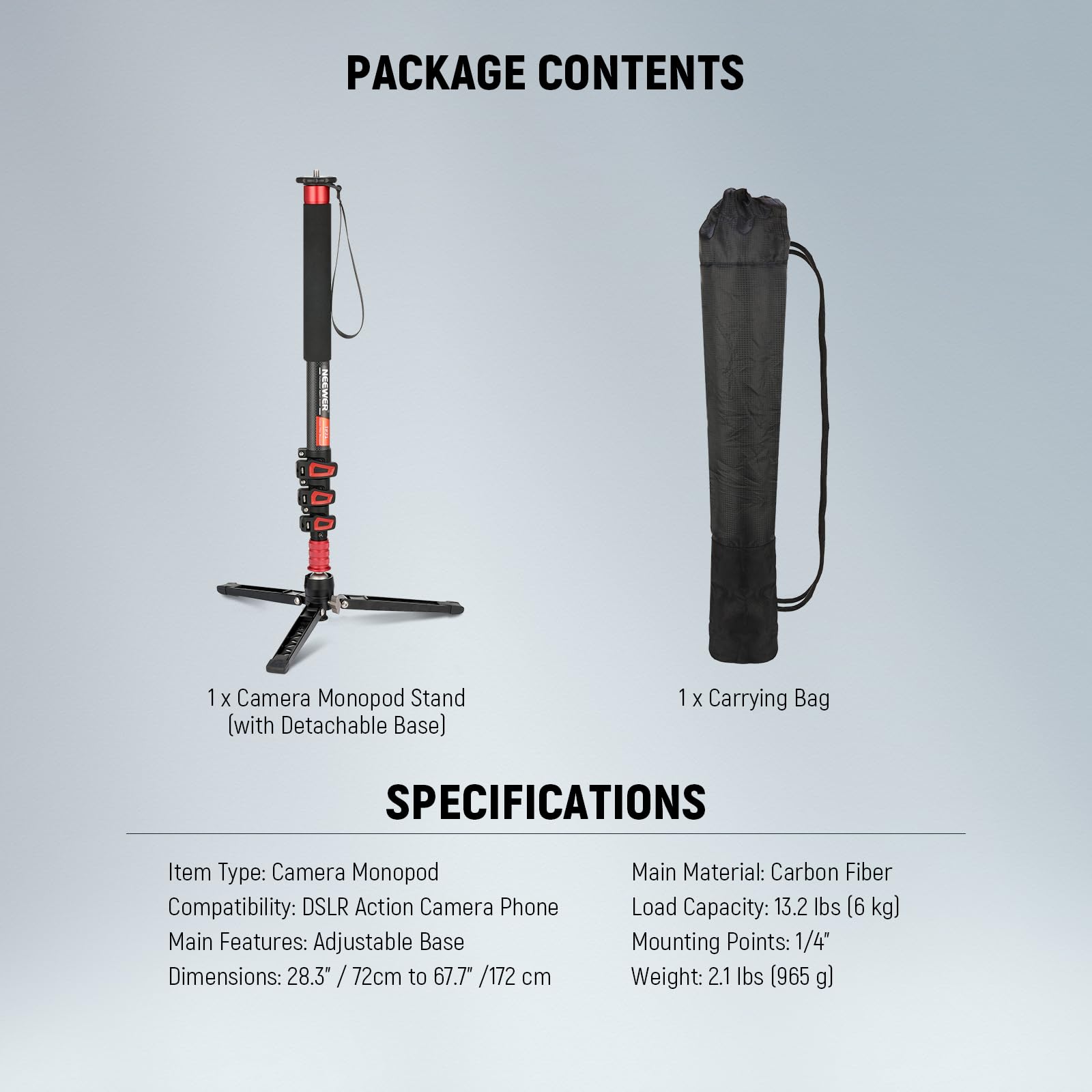 NEEWER 172cm Monopiede Fotocamera, Treppiede da Viaggio Leggero in Fibra Carbonio con Base Staccabile per DSLR Videocamera Riprese Video, Bastone Telescopico per Selfie Trekking, Max 6kg, TP71