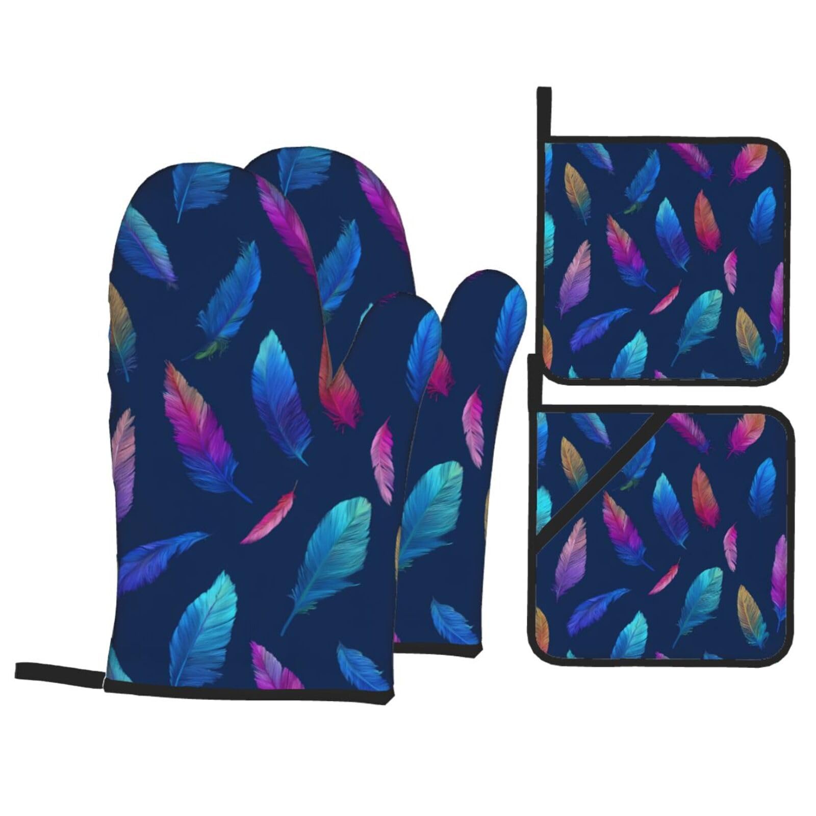 HJFCZH Falling Feathers Picture Kitchen Baking Set of 4 Thick Insulated Oven Mitt & Pot Holders, Anti-Scalding for Microwave, Oven, Outdoor BBQ