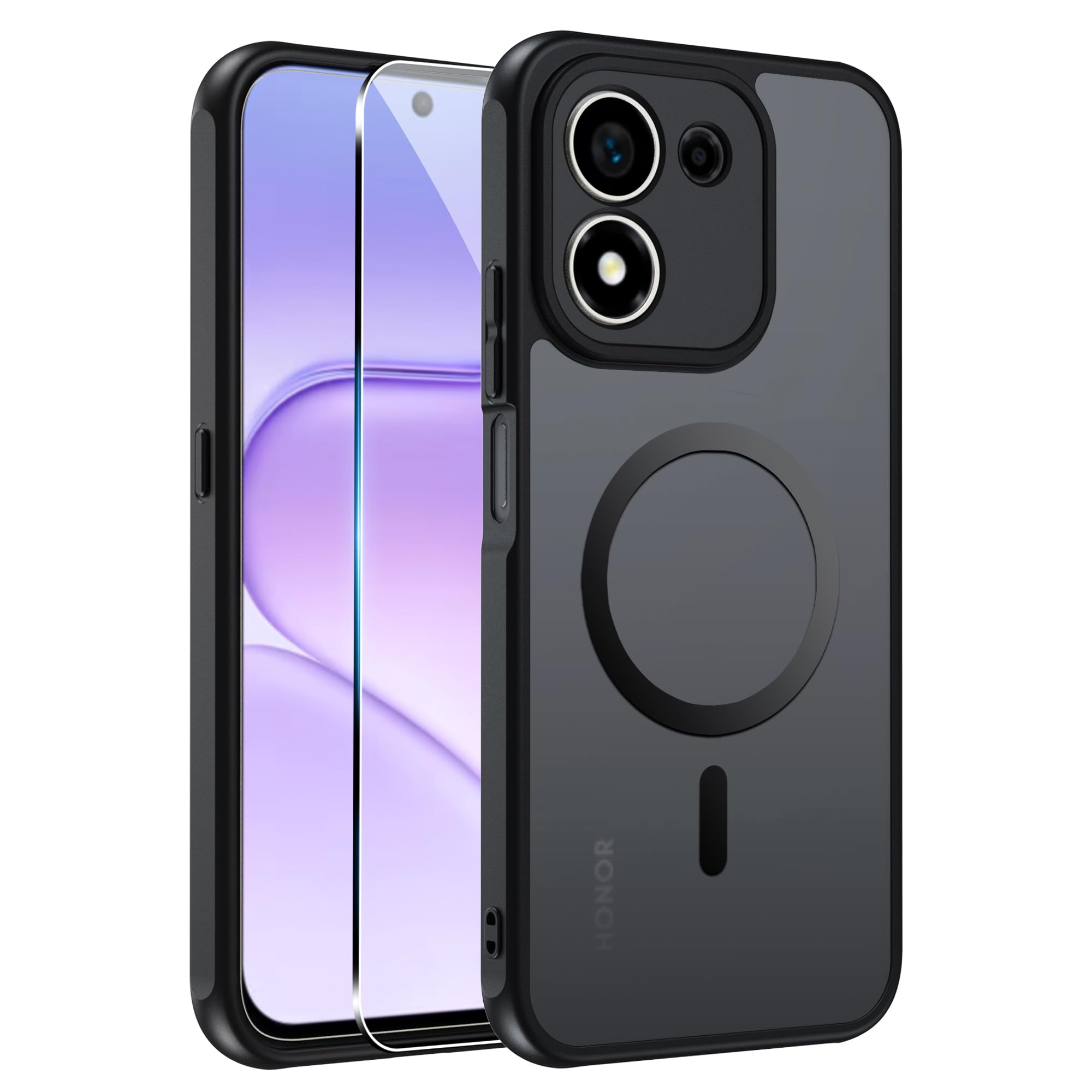 QUSRTMUE Magnetic Case for Honor 600 Smart,Hard Back and TPU Frame | +1 Pieces Tempered Glass, Translucent Back, Shock and Drop Resistant