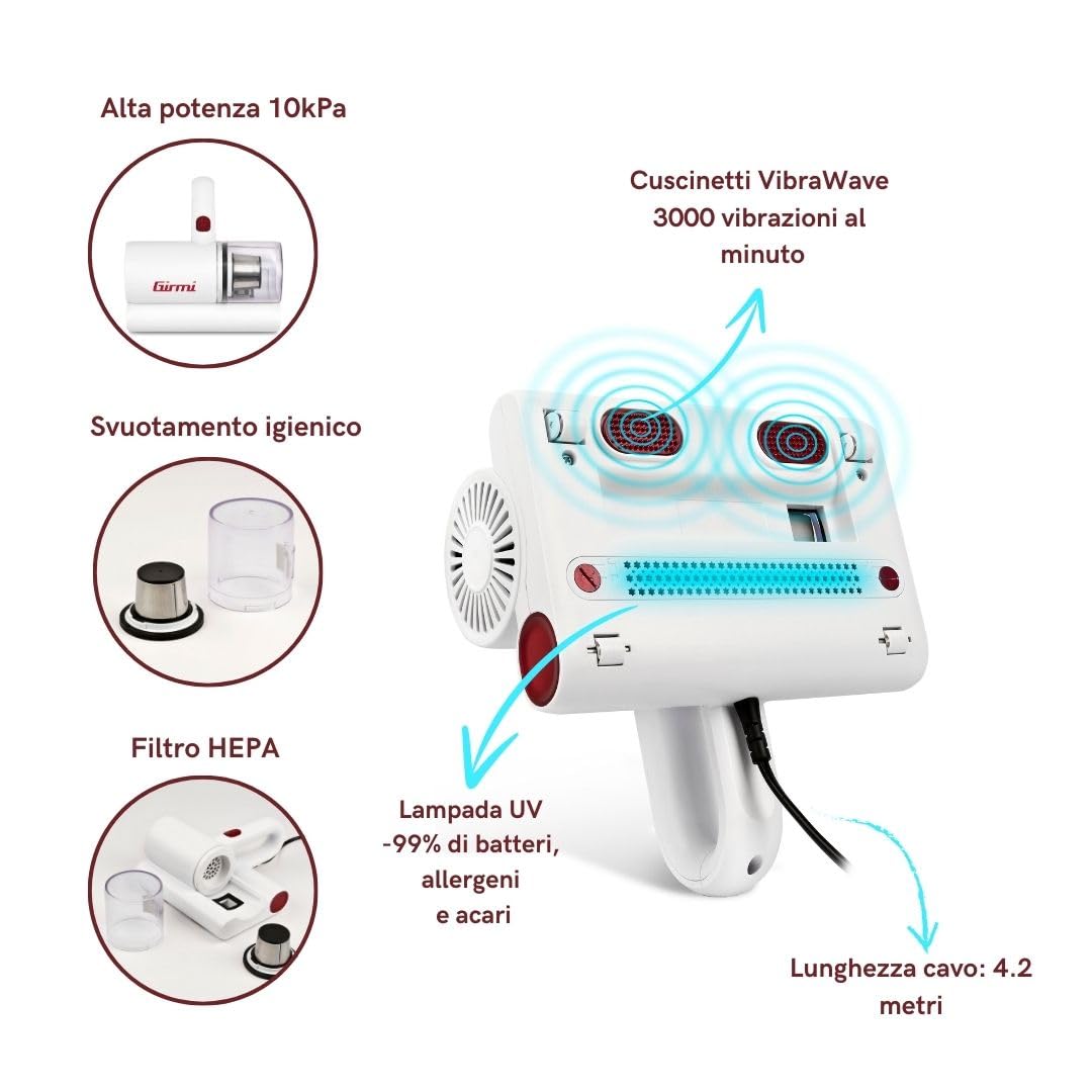 Girmi AP21 Battimaterassi, Aspiratore Anticari, Luce UV sterilizzante, Filtro HEPA, Cuscinetti VibraWave, Basso consumo 300W, Alta Potenza 10 kPa, Rimuove fino al 99% di allergeni e batteri, Bianco