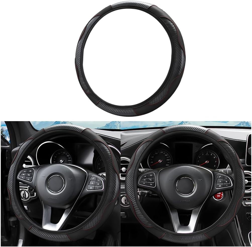 Car Steering Wheel Cover, Universal Microfiber PU Leather Elastic 15 inch Stitching Color Anti-Slip Steering Wheel Protector, Car Interior Protection Accessories for Men Women (Black)