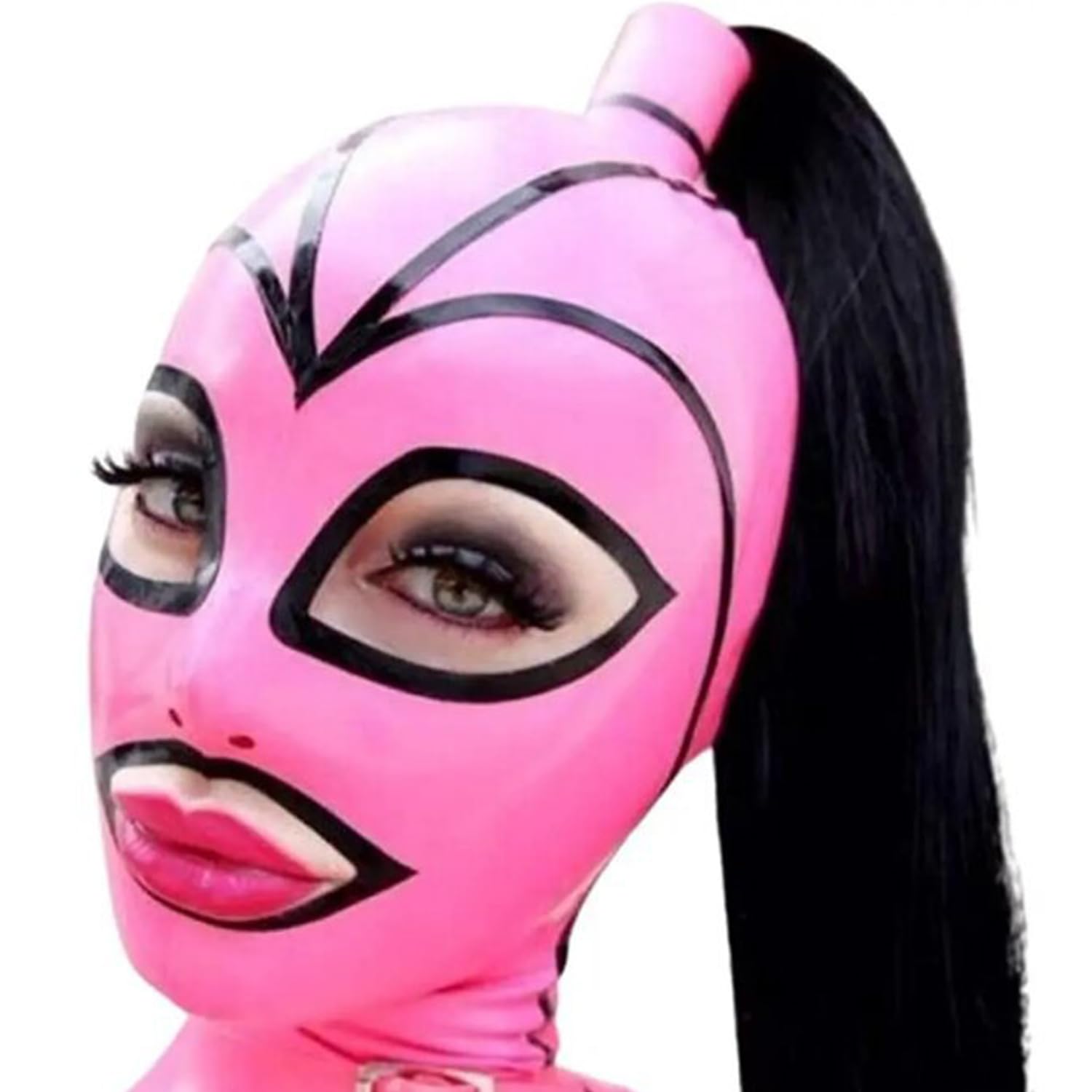 WXLPCGO Pink Latex Hood with Black Ponytail Wig with Back Zipper Open Eyes Mouth Novelty Masquerade Club Handmade(Size:XS-60CM)