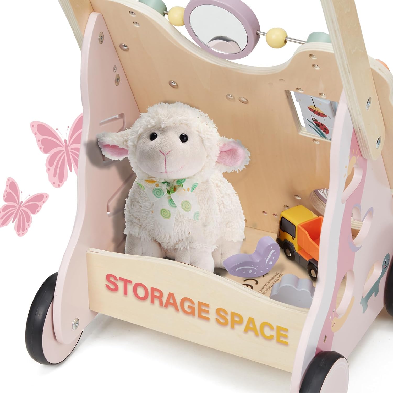 Wooden Baby Push Walker for Girls Toddler Kid 18-36months with Activity Center, Pink Butterfly Montessori Learning Push Walker with Wheels, Push Toy Develop Motor Skills Stimulates Creativity