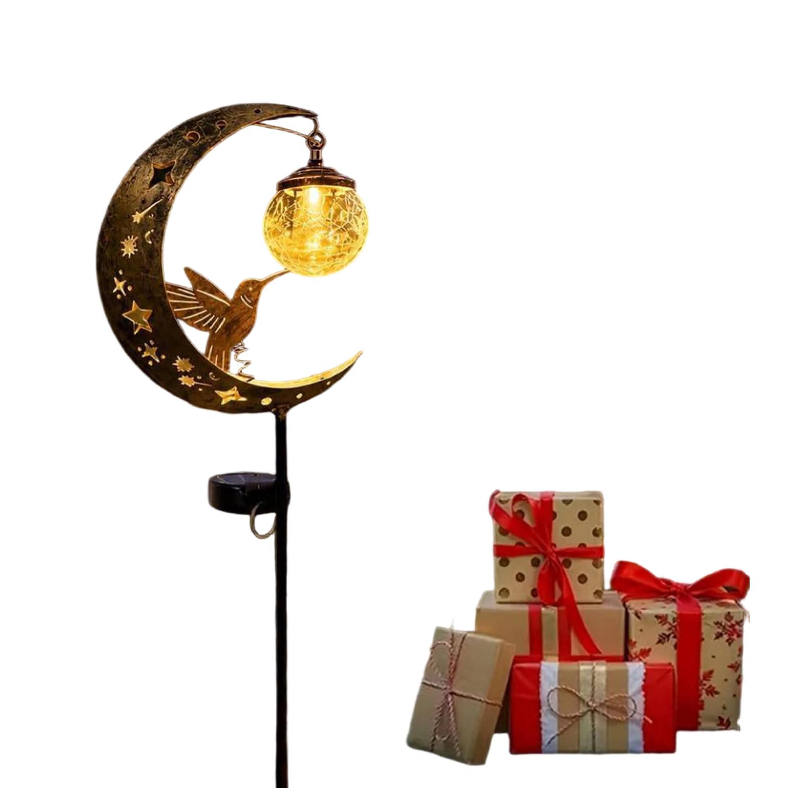 Hummingbird Solar Powered Moon-Shaped Ground Light IP45 Waterproof Crackle Hanging Glass Globe Ball Built-in Solar Panel for Terraces Lawns Courtyards Walkways Porches (A)