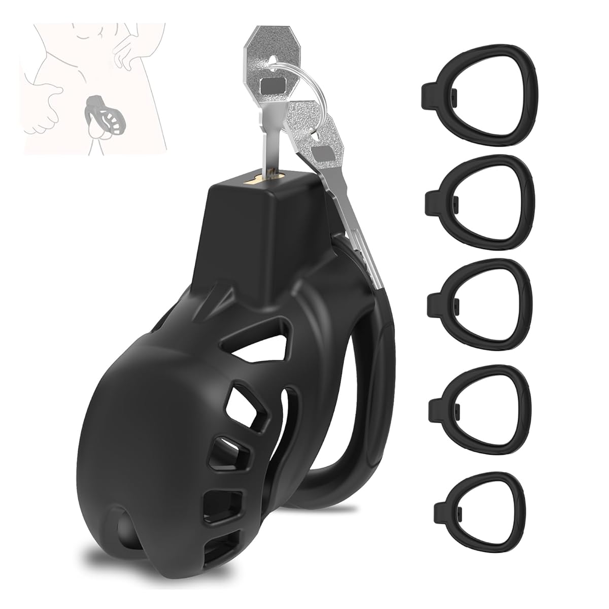 Giftoyou 貞操具 貞操ロック 貞操帯 コックケージ 5つの貞操リング付き 鍵付き 寸法調節可能 拘束具 SMプレイ ペニス拘束具 アダルトグッズ 大人のおもちゃ[ブラック]