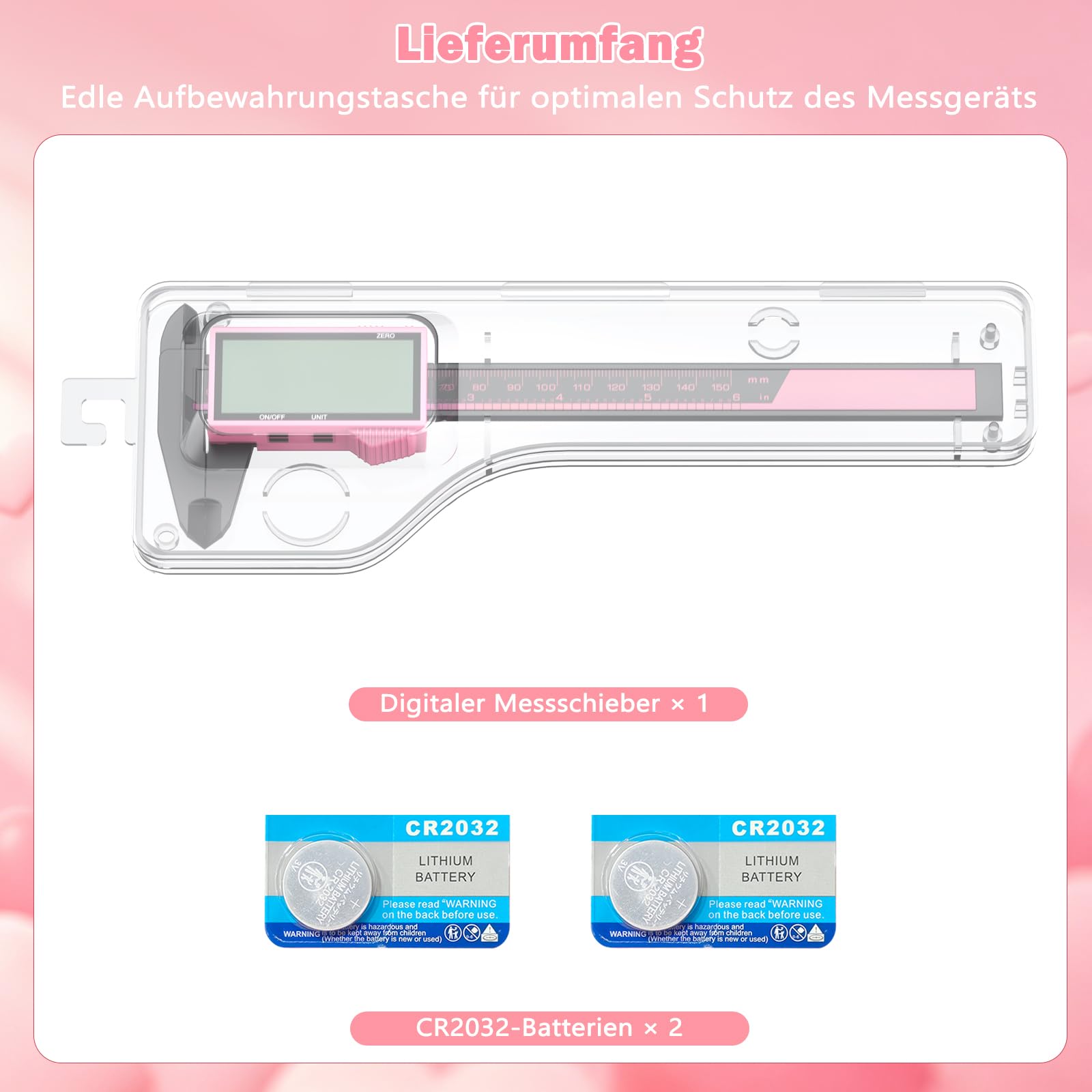 Messschieber Digital, 150 mm/6" Schieblehre Messlehre mit LCD-Display, Zoll/Metrisch Konvertierung, Auto-Off, für Außendurchmesser, Innendurchmesser und Tiefe zu Messen (Rosa-Schwarz)