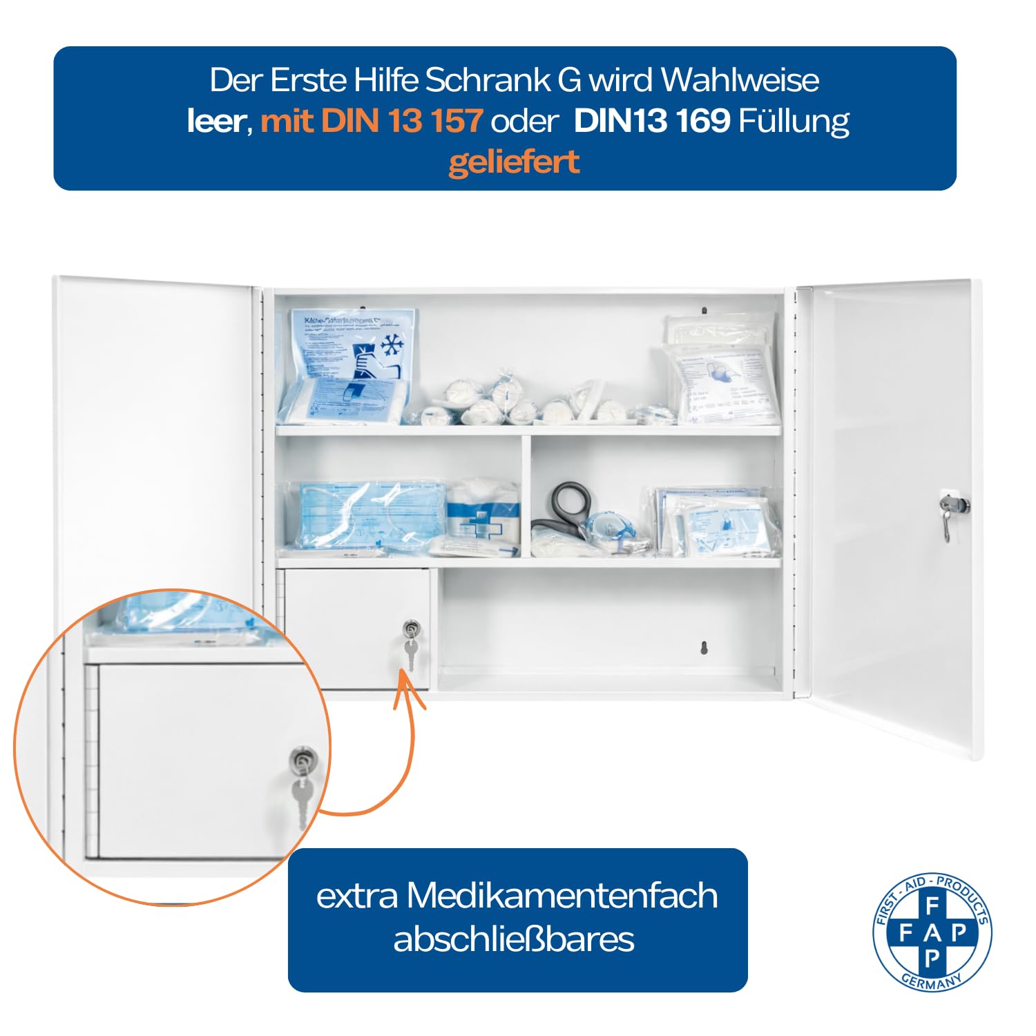 Verbandschrank G inkl. DIN 13157:2021 Füllung – Erste Hilfe Schrank groß - Metall, zweitürig – 3 Fächer + abschließbares Medikamentenfach – Wandmontage – Weiß – 60 × 50 × 13 cm