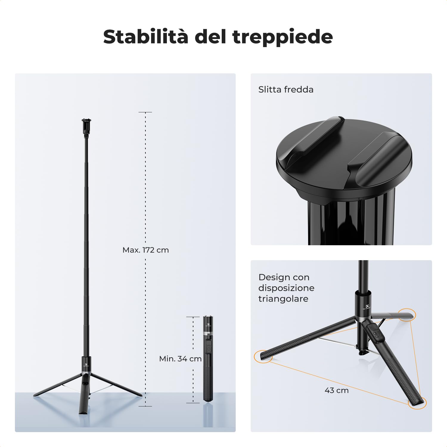 K&F CONCEPT 1,72M Treppiede Bastone Selfie Alluminio Con Luce LED | Apertura Rapida, Telecomando Bluetooth Batteria 600mAh, Compatibile con iPhone/Smartphone Android -X96