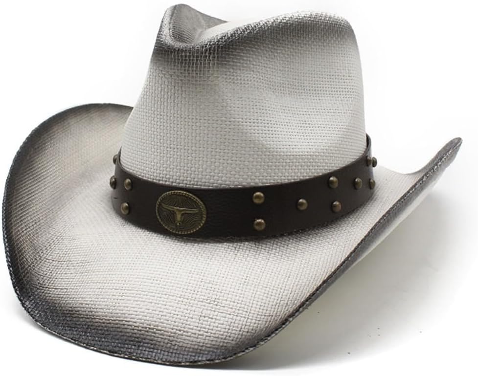 Western Cowboy Hat, Straw Material, Brown Leather Band with Studs, Longhorn Medallion