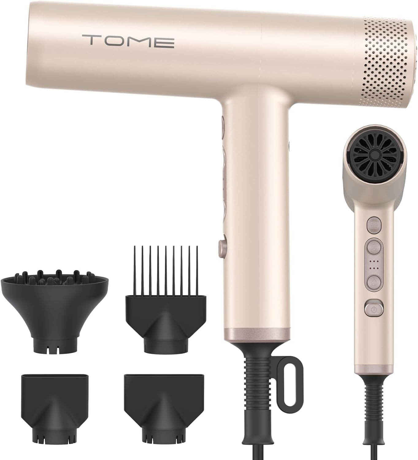 TOME Hair Dryer, 1875W High-Speed EC Motor 100,000 RPM Ionic Blow Dryer, Salon Performance for Precision Styling, Cool Shot Lock, 3 Heat 3 Speed, 2 Nozzles, Comb Nozzle, Diffuser, 125V (Pink)