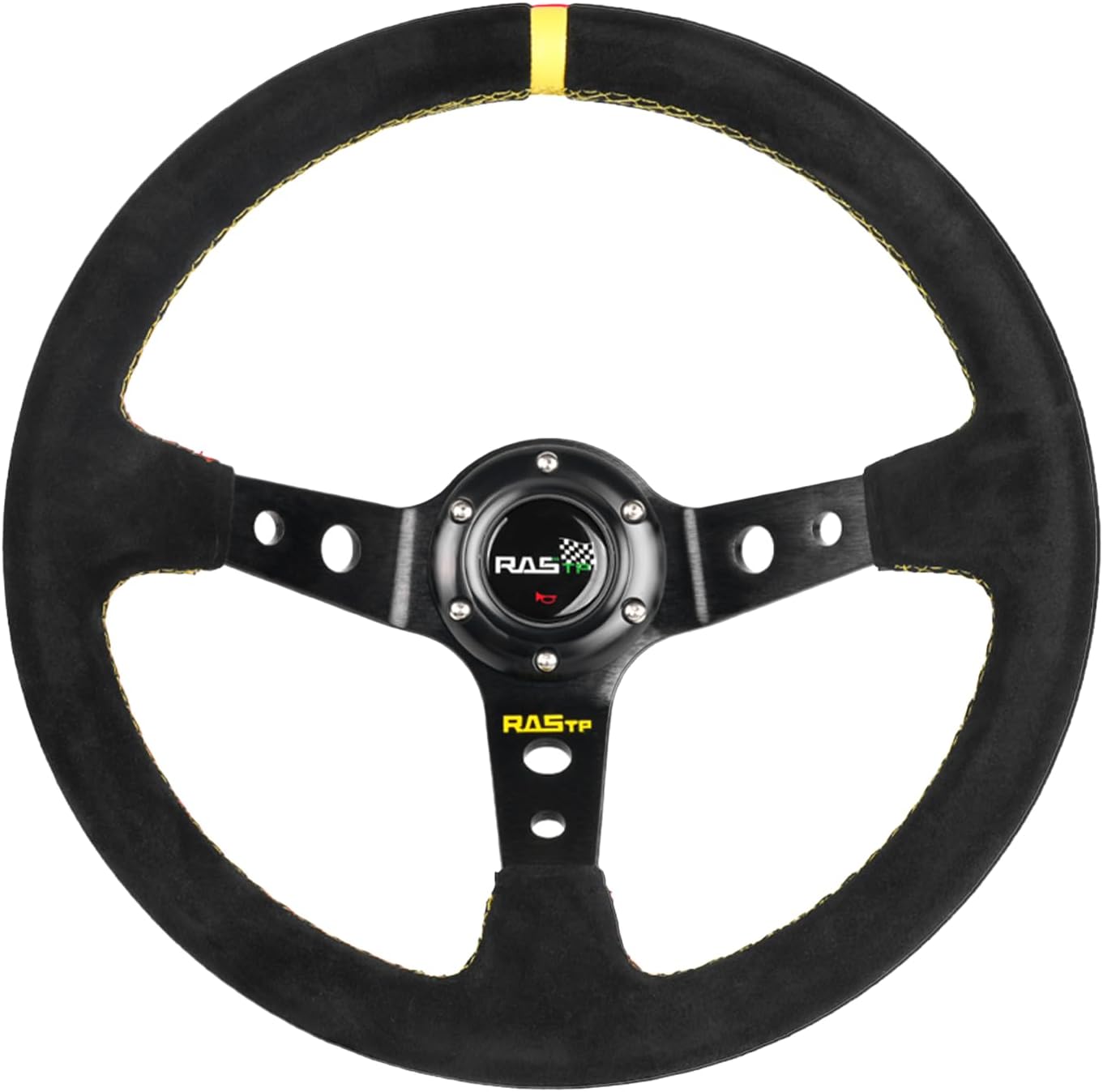 RASTP Universal Racing Steering Wheel Suede Deep Dish 13.58”/345mm 6 Bolts with Horn Button Include Cable,Wrench (Yellow)
