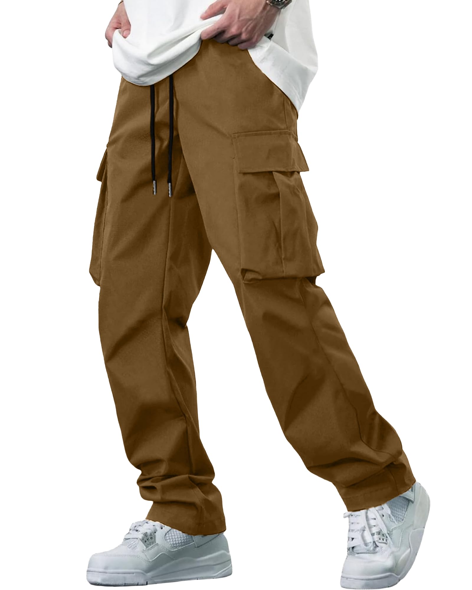 YAOBAOLE Pantalons Cargo Homme Coton Pantalon de Travail avec Multi Poches Taille Elastique Cordon de Serrage