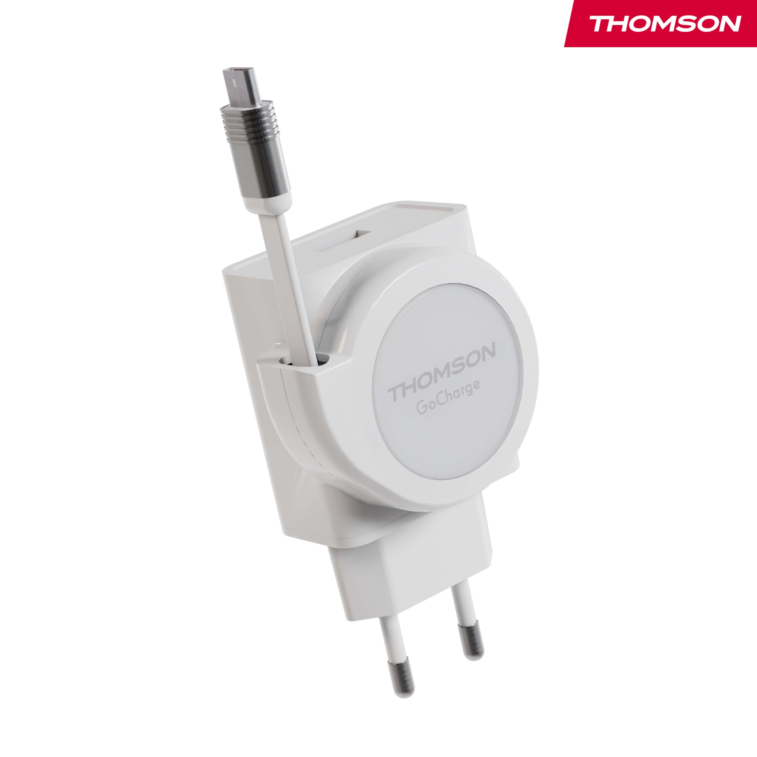 THOMSON Go Charger Caricatore Rapido 22.5W con USB-C & USB-A, Cavo Retrattile da 90 cm (6 Lunghezze), Compatibile con iPhone & Android, Power Delivery, Quick Charge 3.0, Design Compatto, Bianco