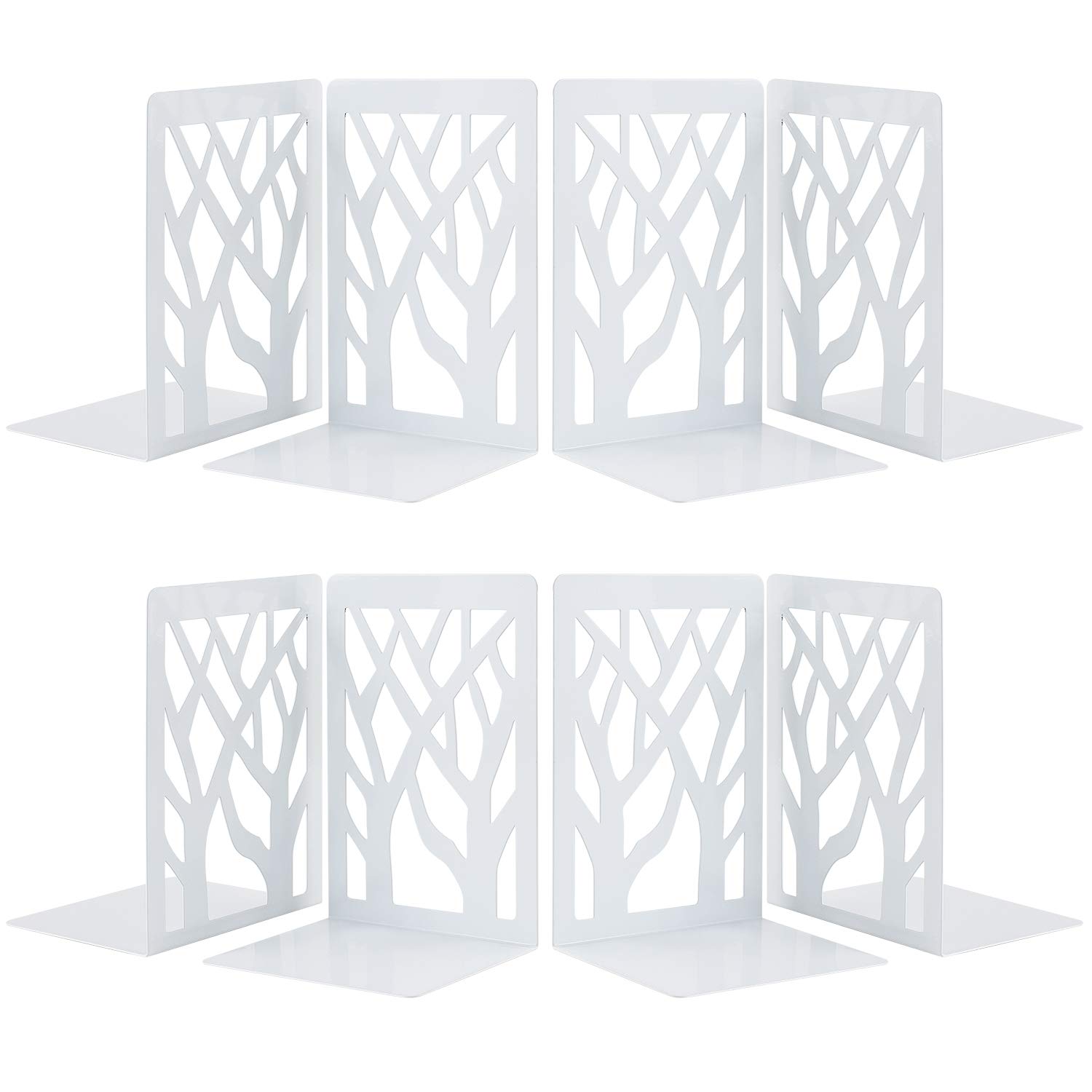 MSDADA Sujetalibros, Apoya Libros de Metal, Diseño de árbol Decoración Sujetalibros Originales Oficina Soporte Libros de para Hogar, Oficina y Escuela, Blanco (4 Pares)