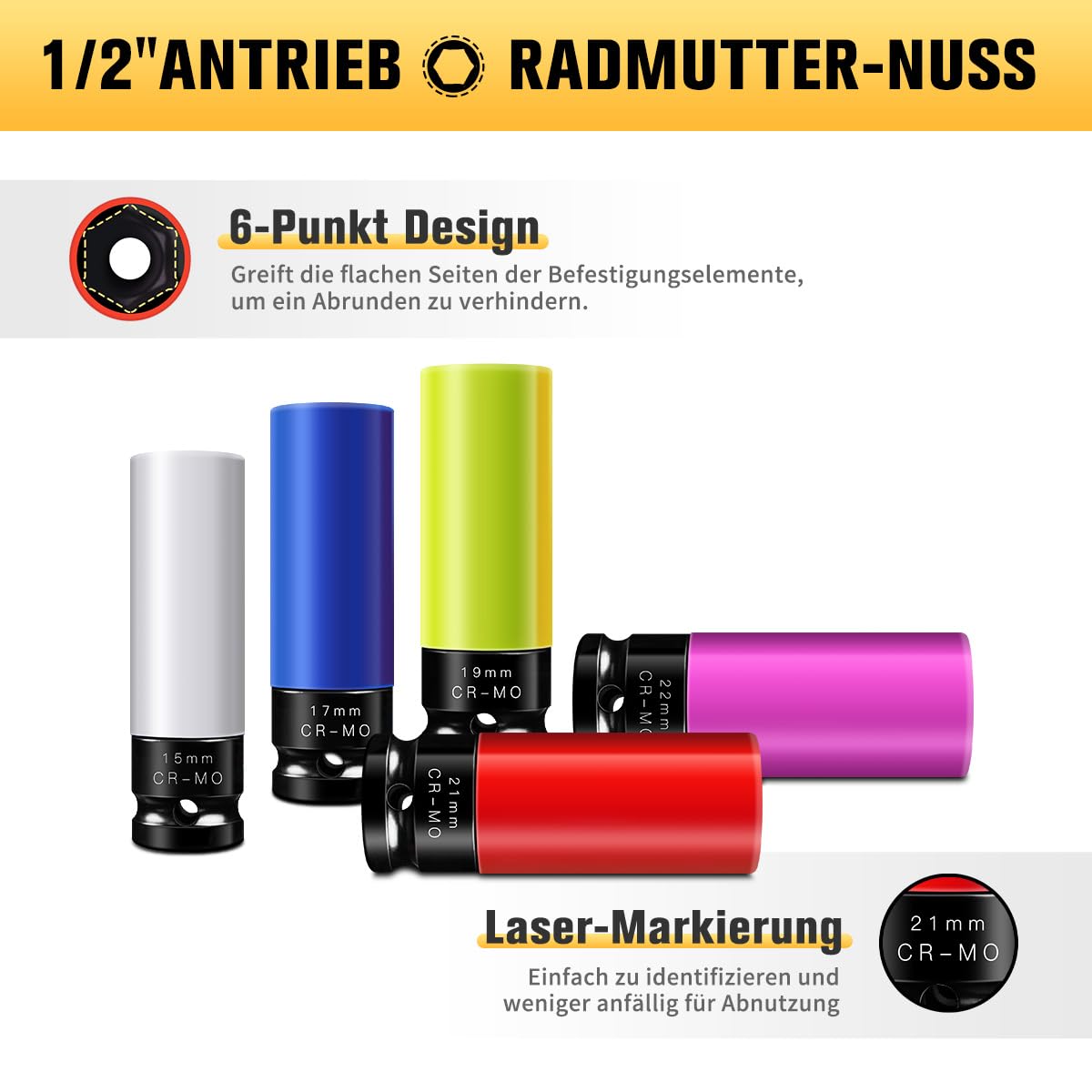 Mr.wintek 1/2 inch aandrijving, slagmoerenset, 15 mm, 17 mm, 19 mm, 21 mm, 22 mm, 5-delige Cr-Mo moerdoppenset, dunwandig voor aluminium velgen, wielwiel, met velgenbescherming, niet-markerend