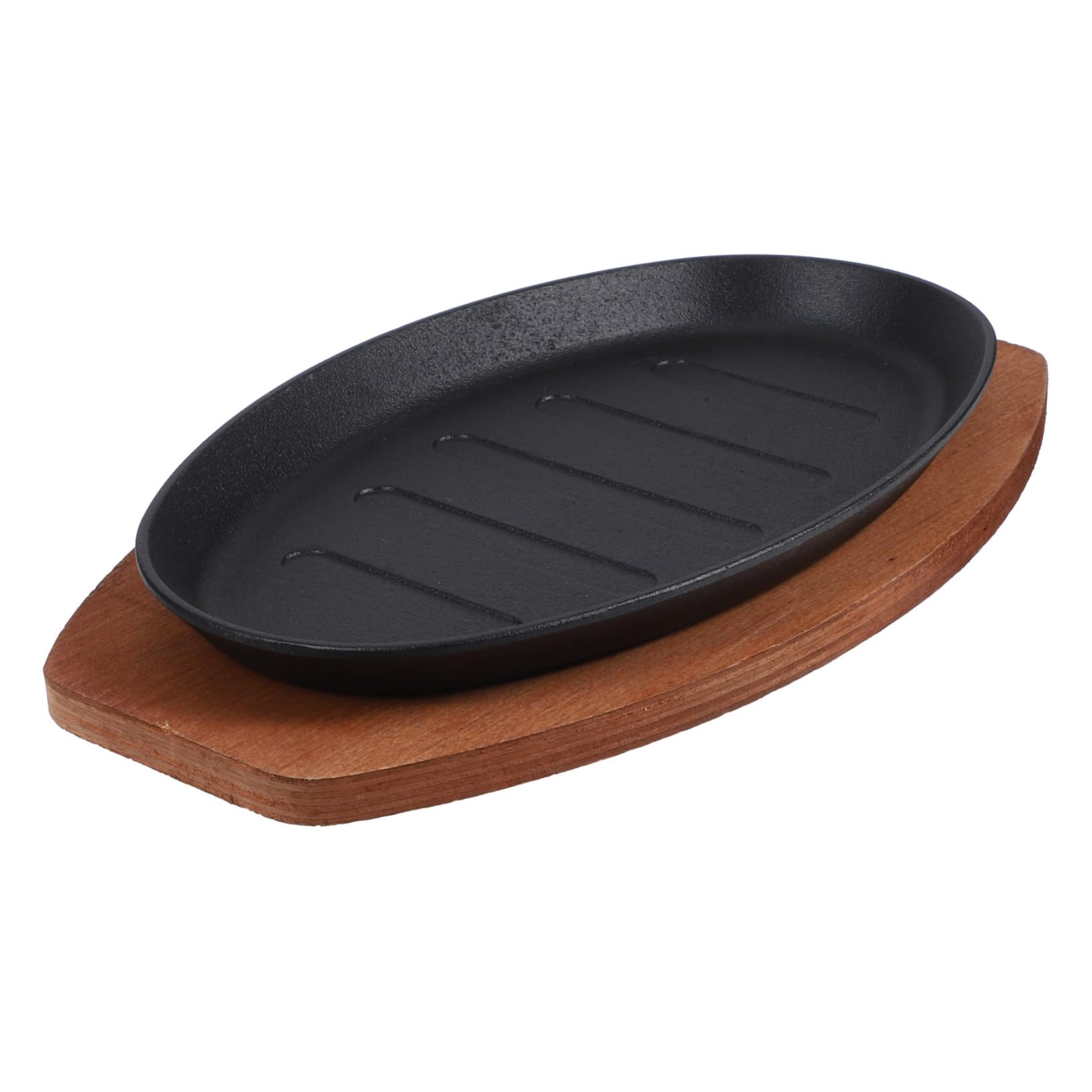 Plancha de Hierro Fundido para Bistec con Base de Madera Superficie Lisa y Fácil de Limpiar Adecuado para Freír Papas y Asar Carnes en Casa